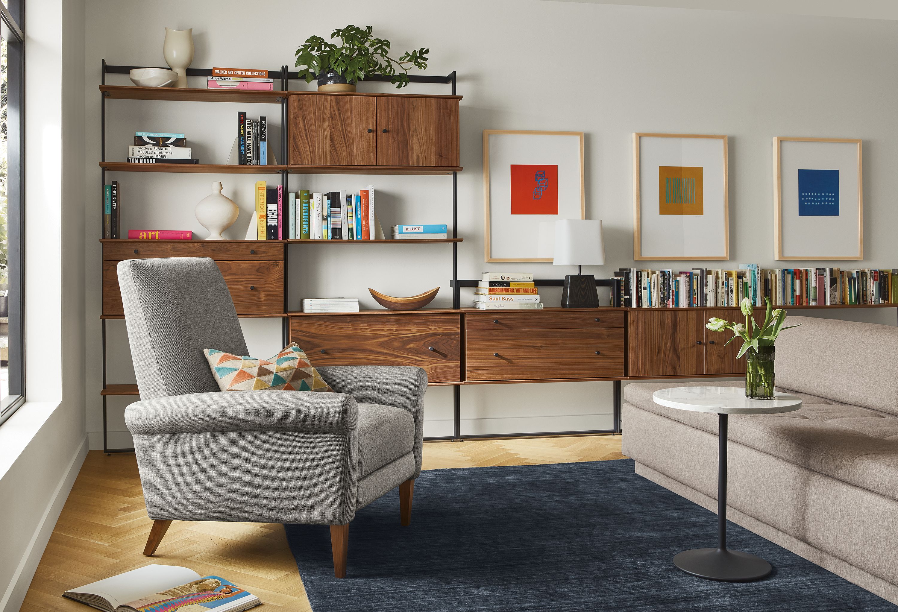 Living room with Arlo recliner, Beam bookcase wall unit, Miranda sectional.