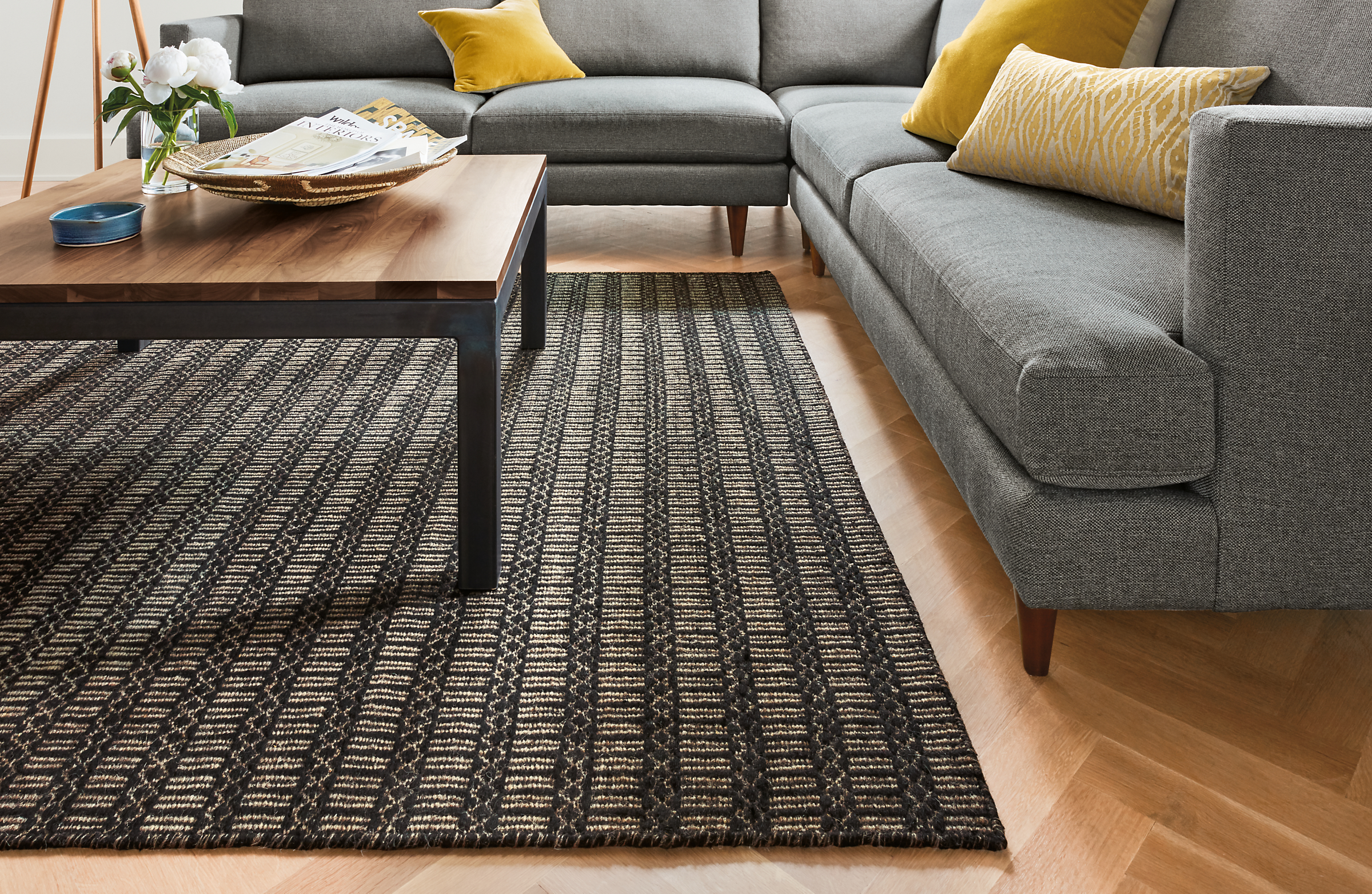 Detail of Array rug in living room.