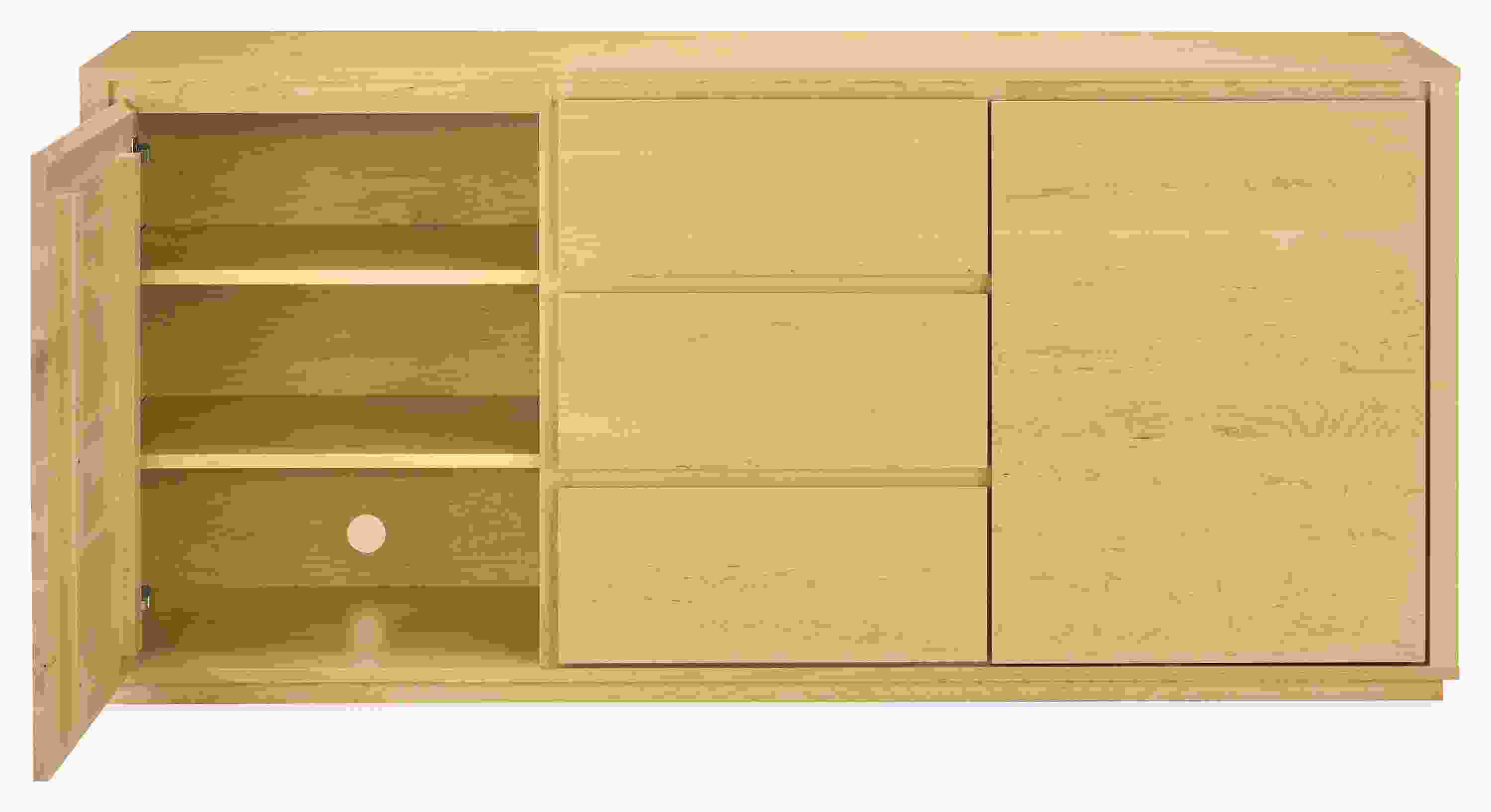 Arro 72-wide storage cabinet in maple shown with left door open revealing shelves.