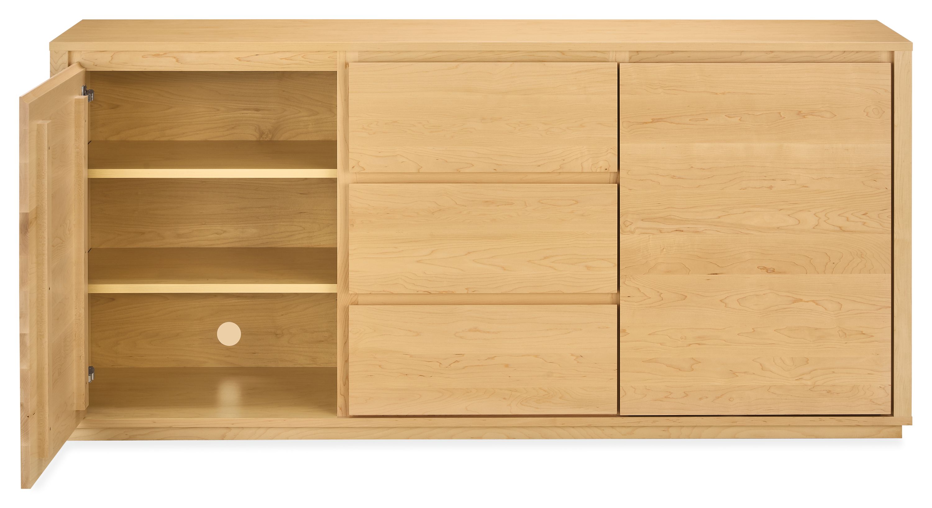 Arro 72-wide storage cabinet in maple shown with left door open revealing shelves.