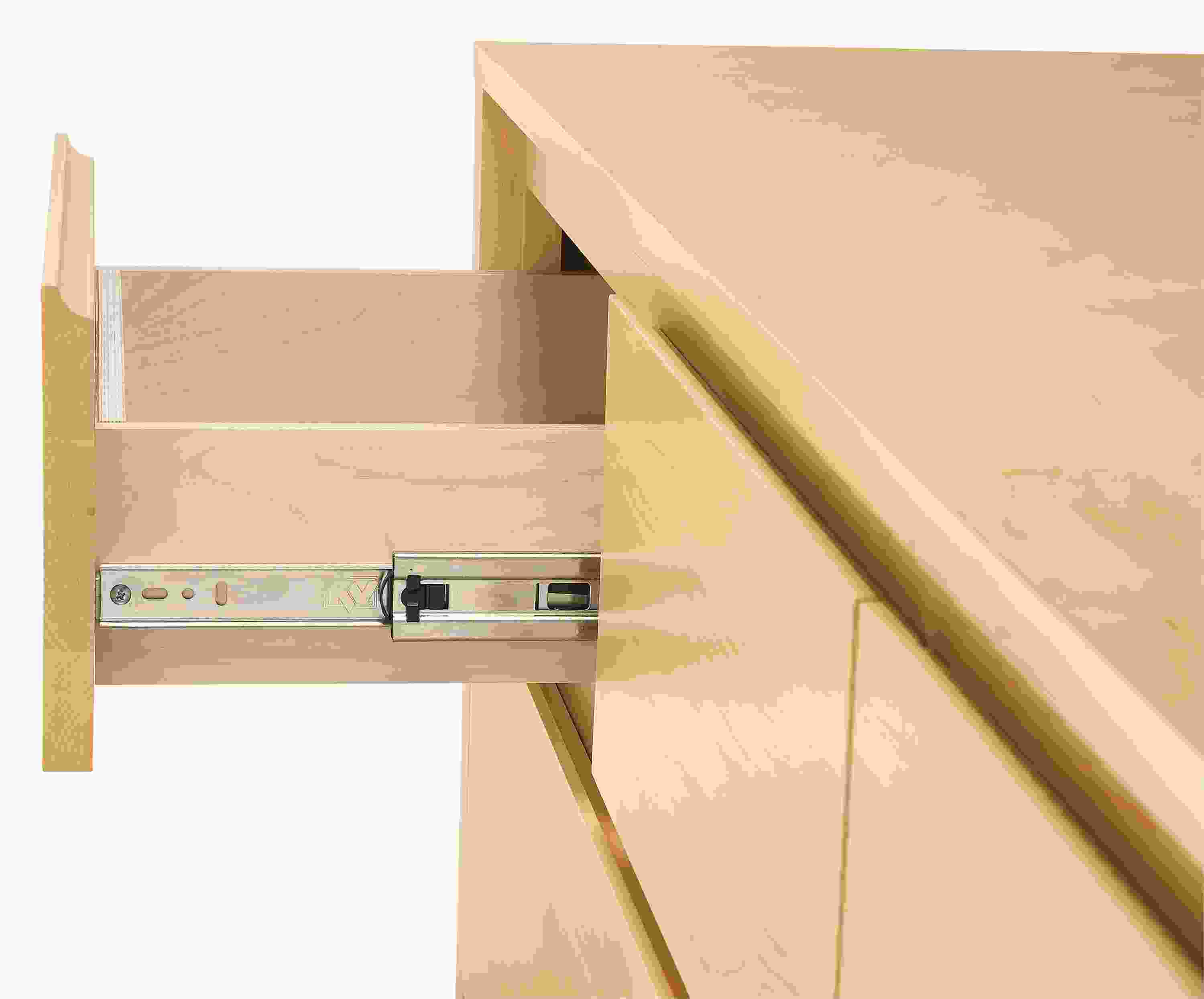 Detail of drawer slide on Arro ten-drawer dresser in maple.