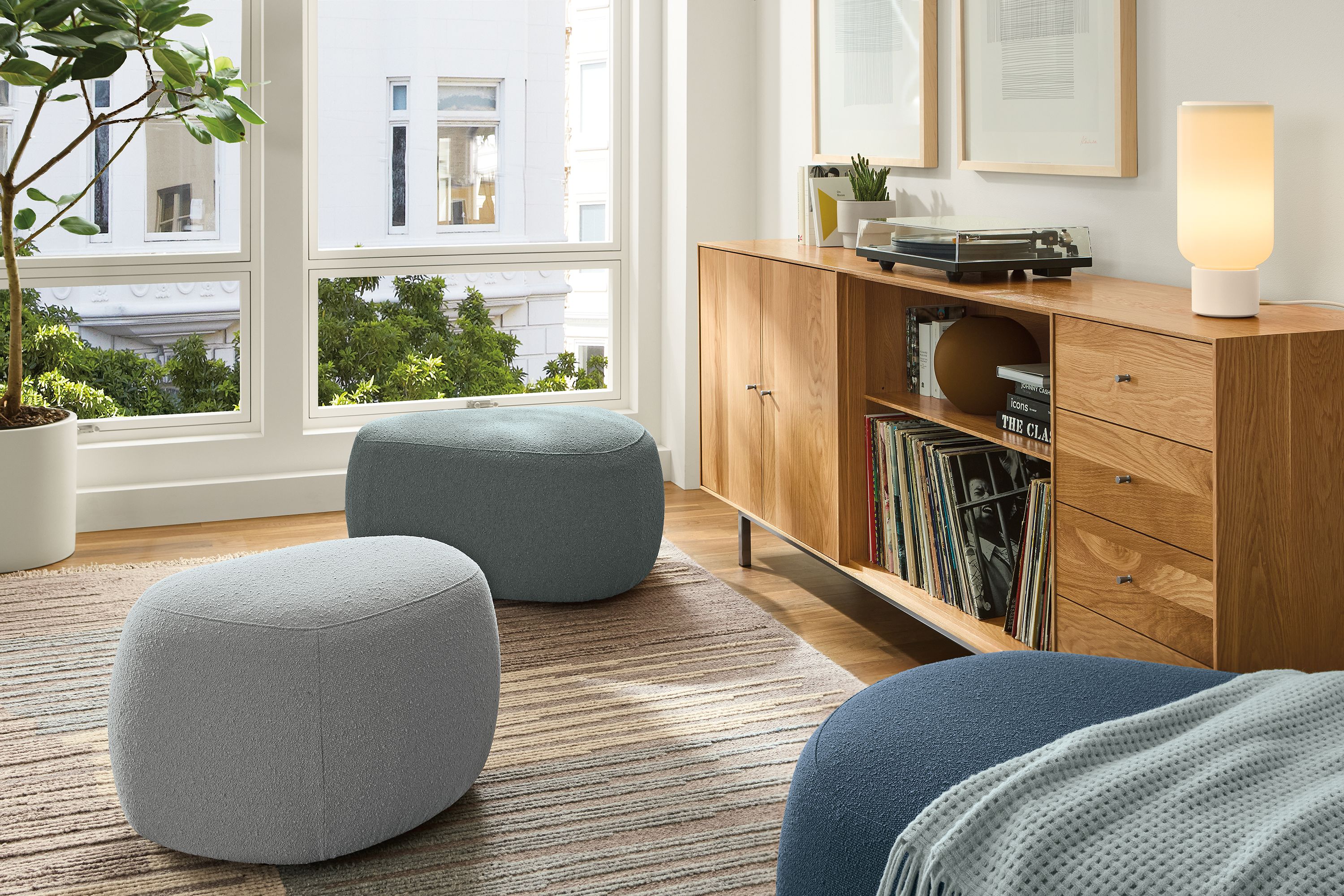 25"w, 32"w & 44"w ottomans in Declan cement, Declan haze, & Declan harbor fabrics