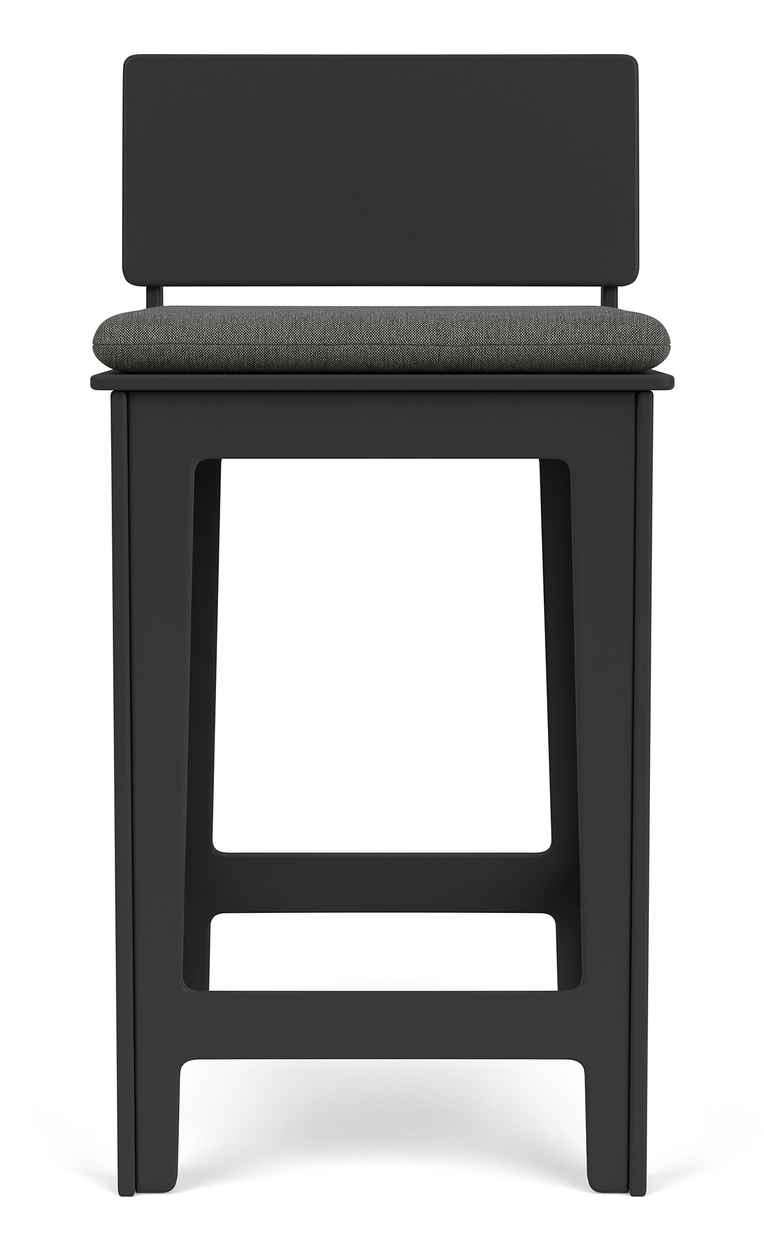 front view of Aspen Bar Stool in Black with Pelham Grey Cushion.