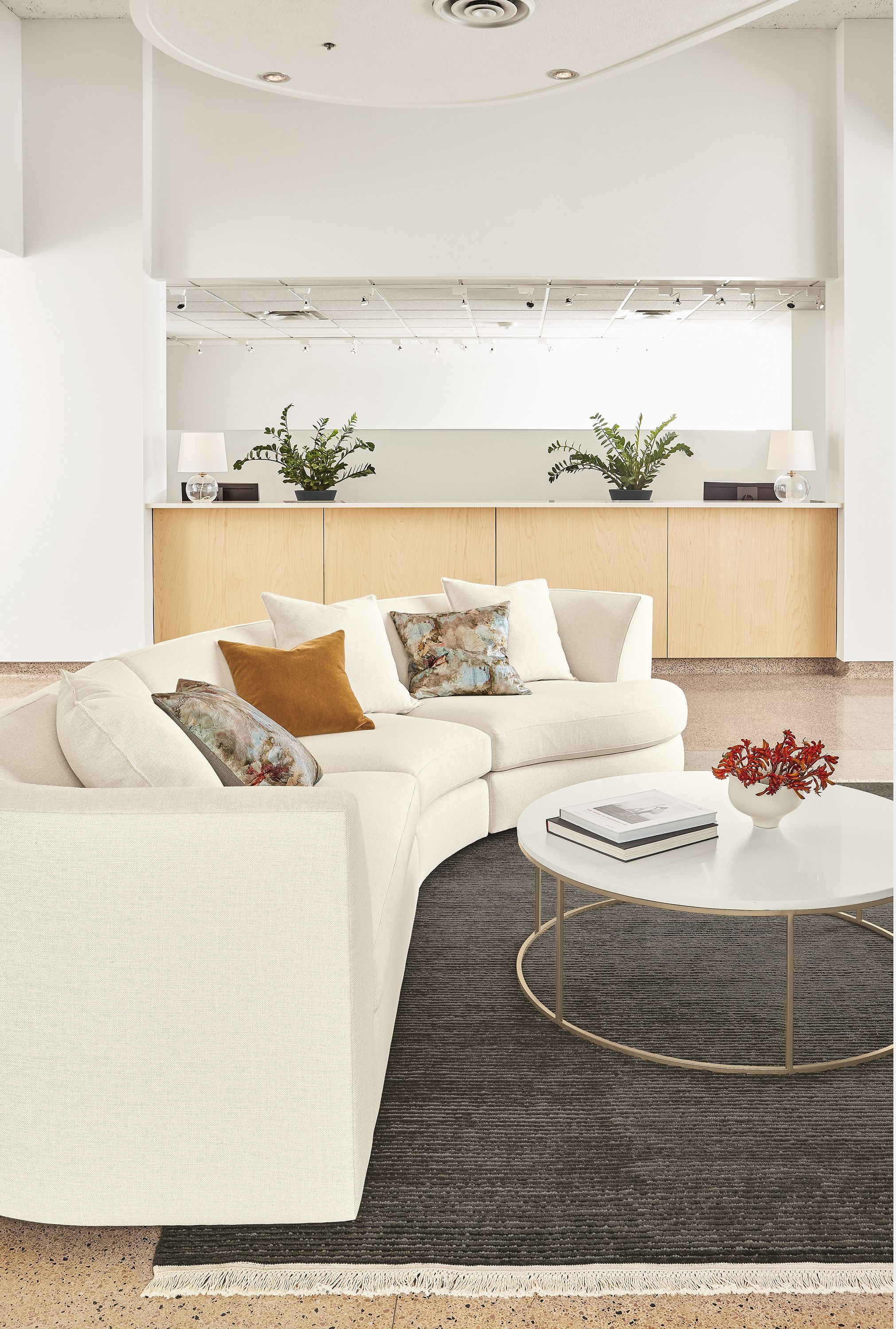 Detail of Astaire sectional in Sumner ivory fabric in lobby.