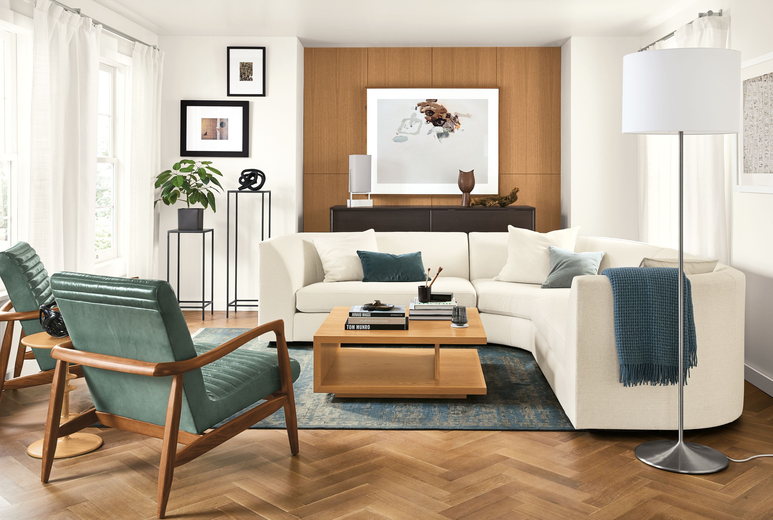 Detail of Astaire sectional in Sumner ivory in living room setting.