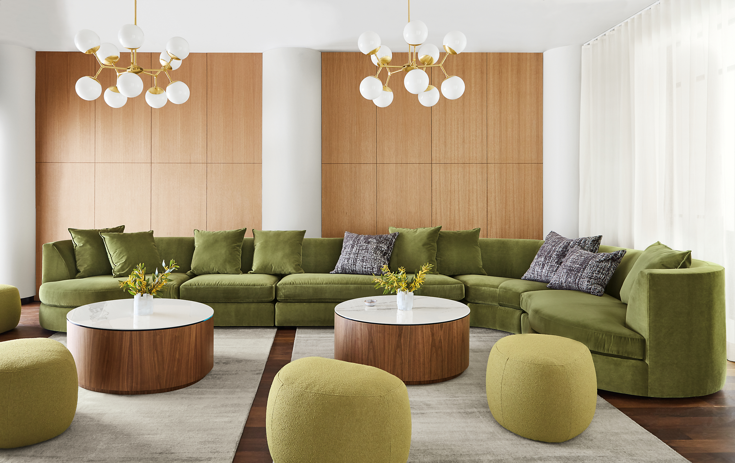 Astaire sectional configuration in Banks Moss with Liam coffee tables and Asher ottomans in declan moss.