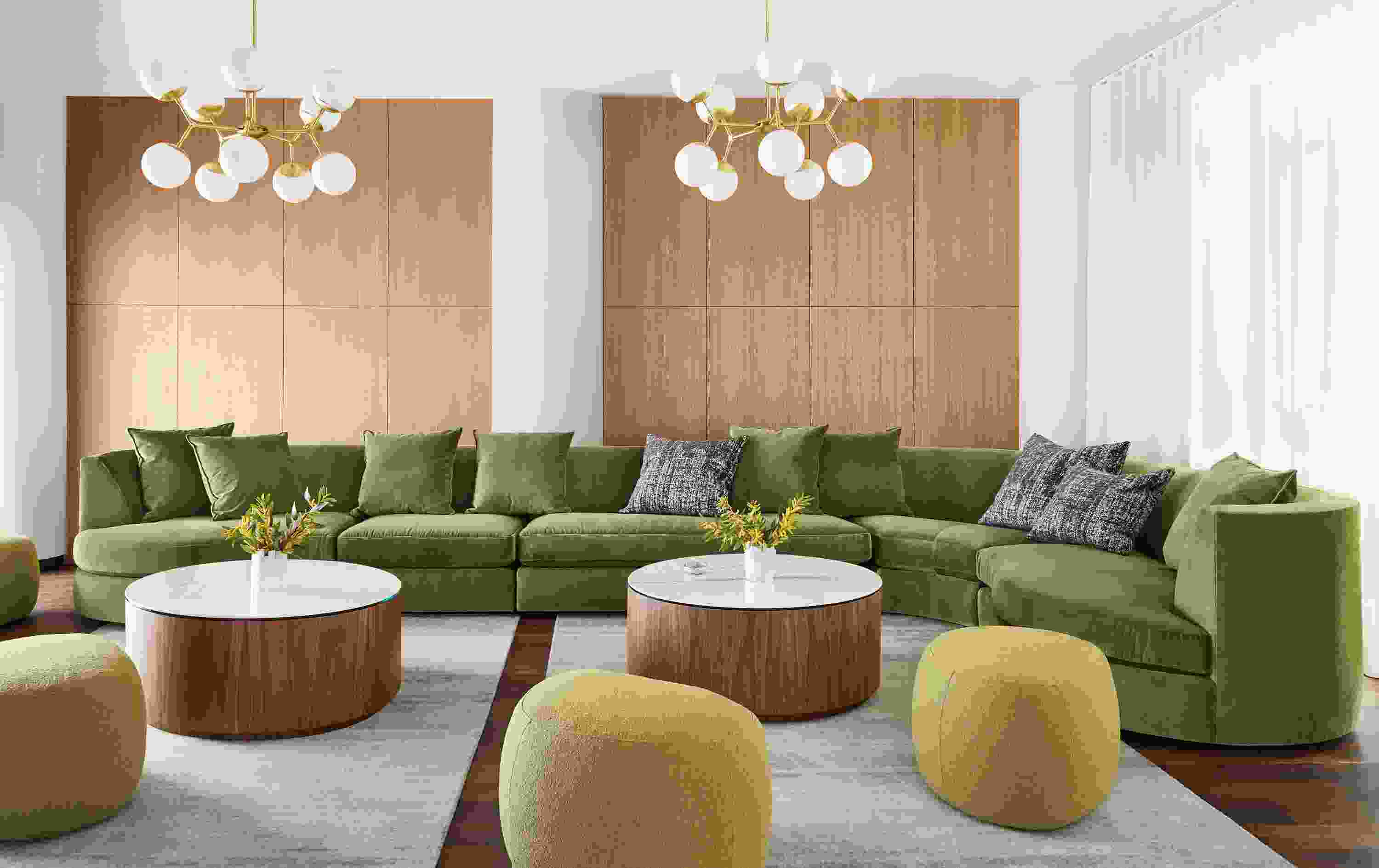 Astaire sectional configuration in Banks Moss with Liam coffee tables and Asher ottomans in declan moss.