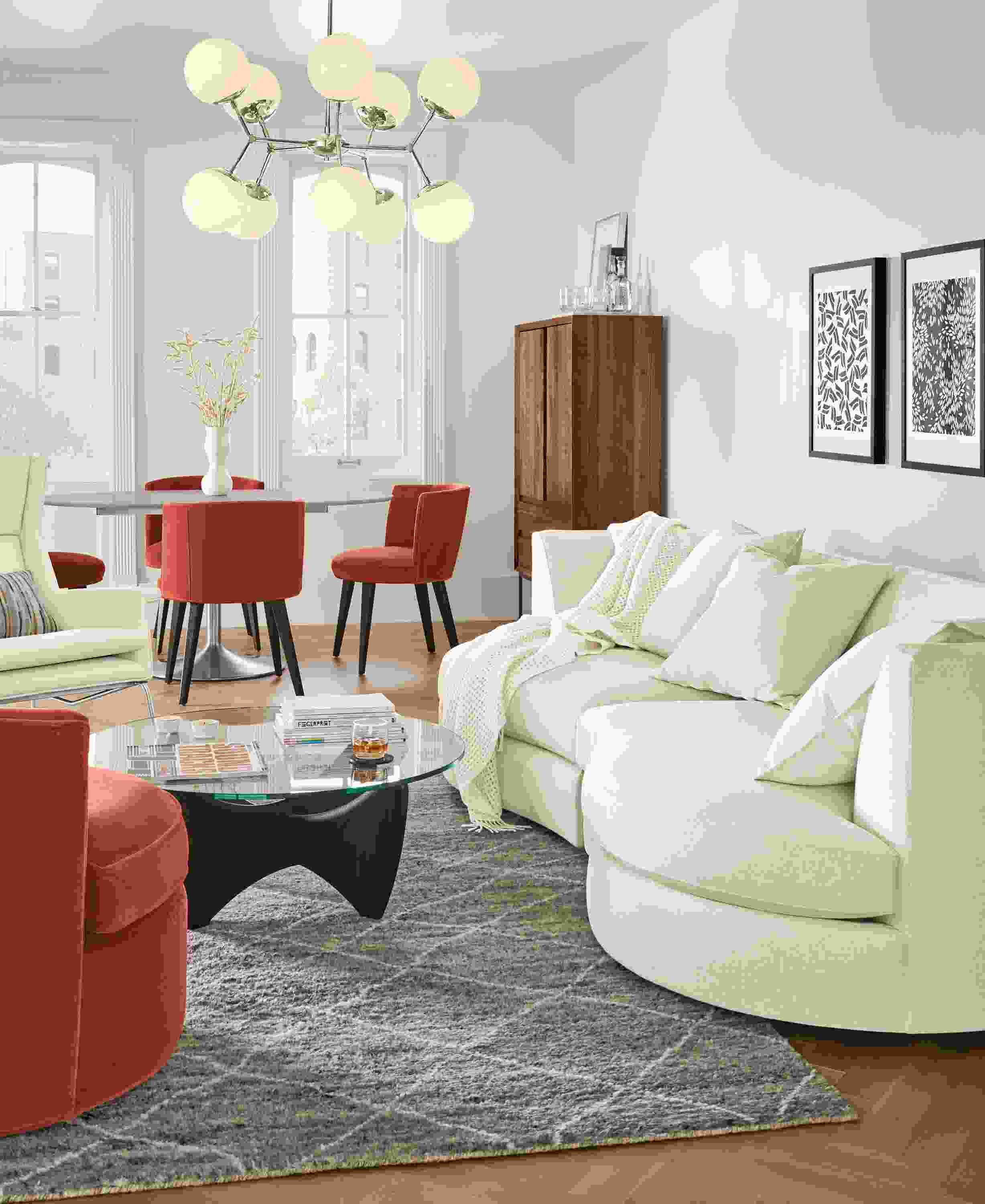 Detail of Astaire sofa in Sumner ivory fabric in living room.