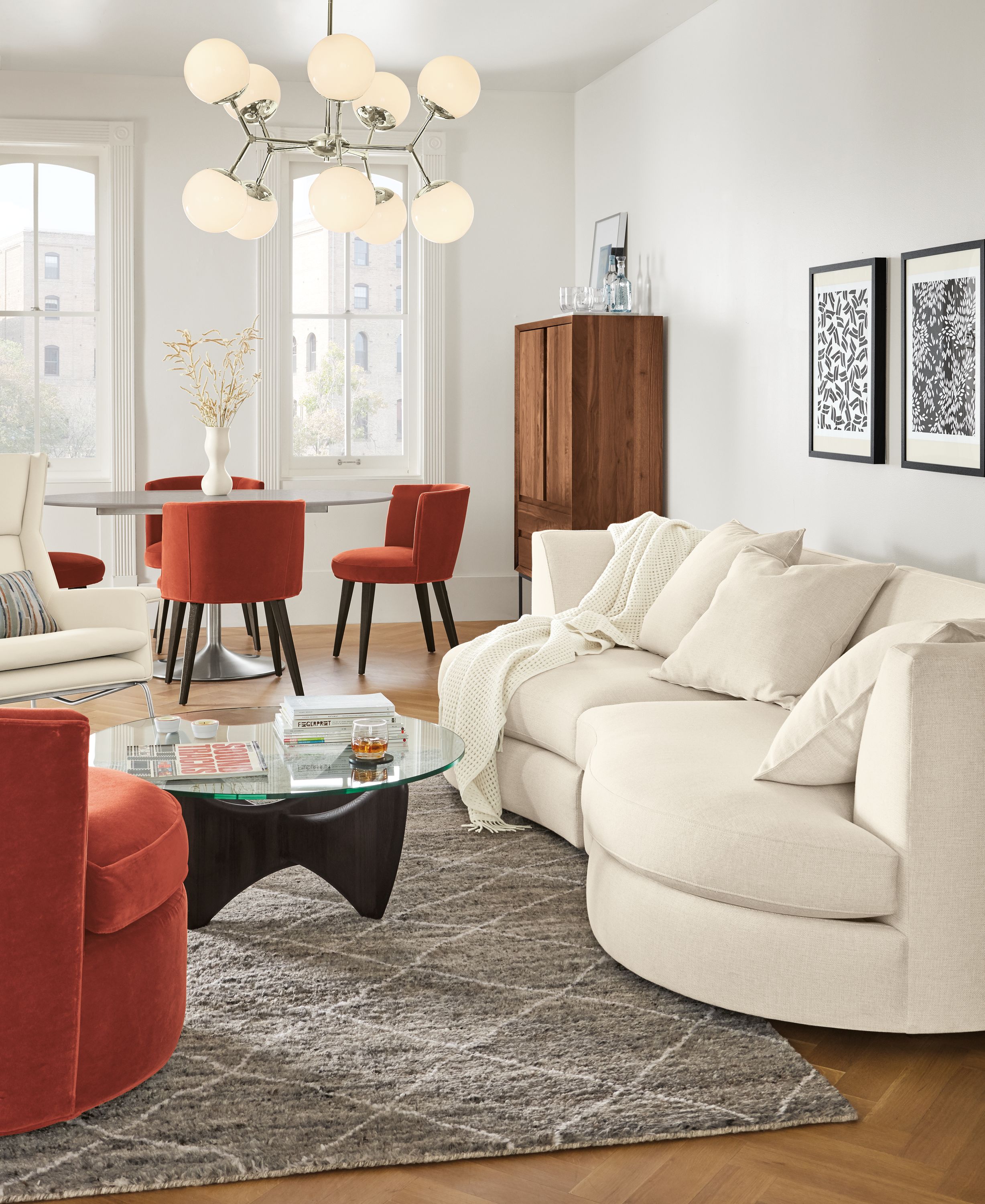 Detail of Astaire sofa in Sumner ivory fabric in living room.