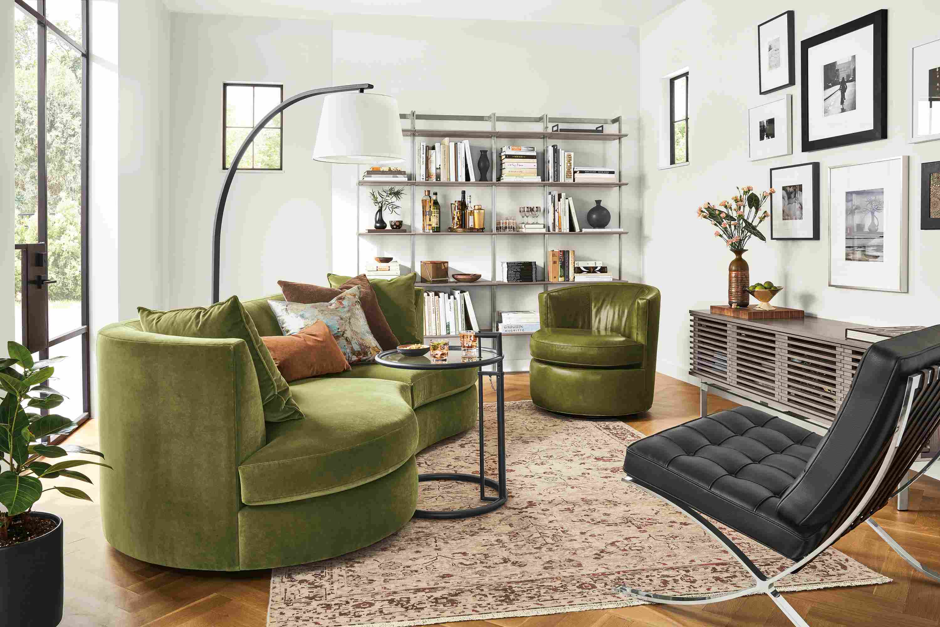Detail of Astaire two-piece sofa in Banks Moss velvet in living room.