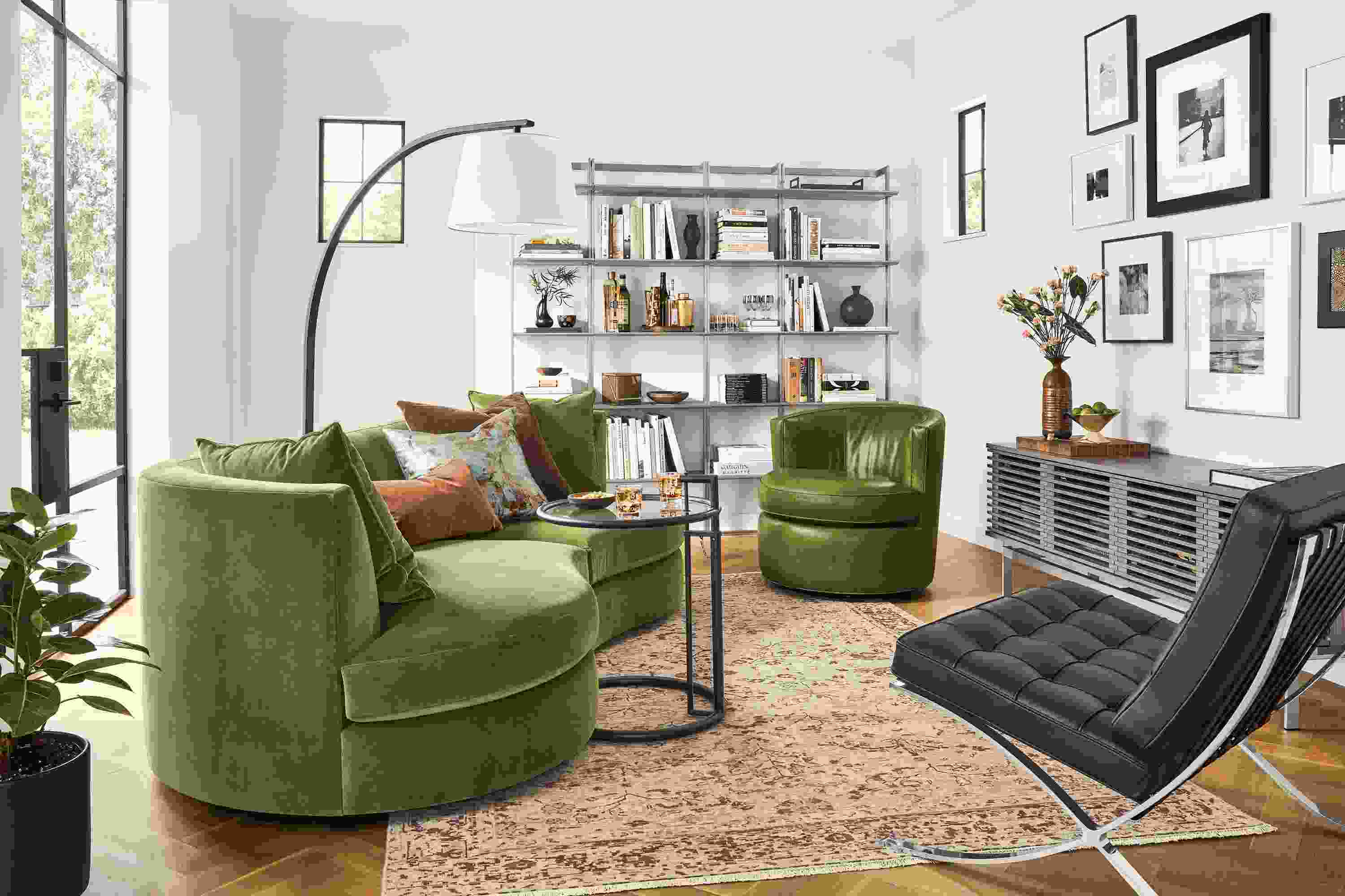 Detail of Astaire two-piece sofa in Banks Moss velvet in living room.
