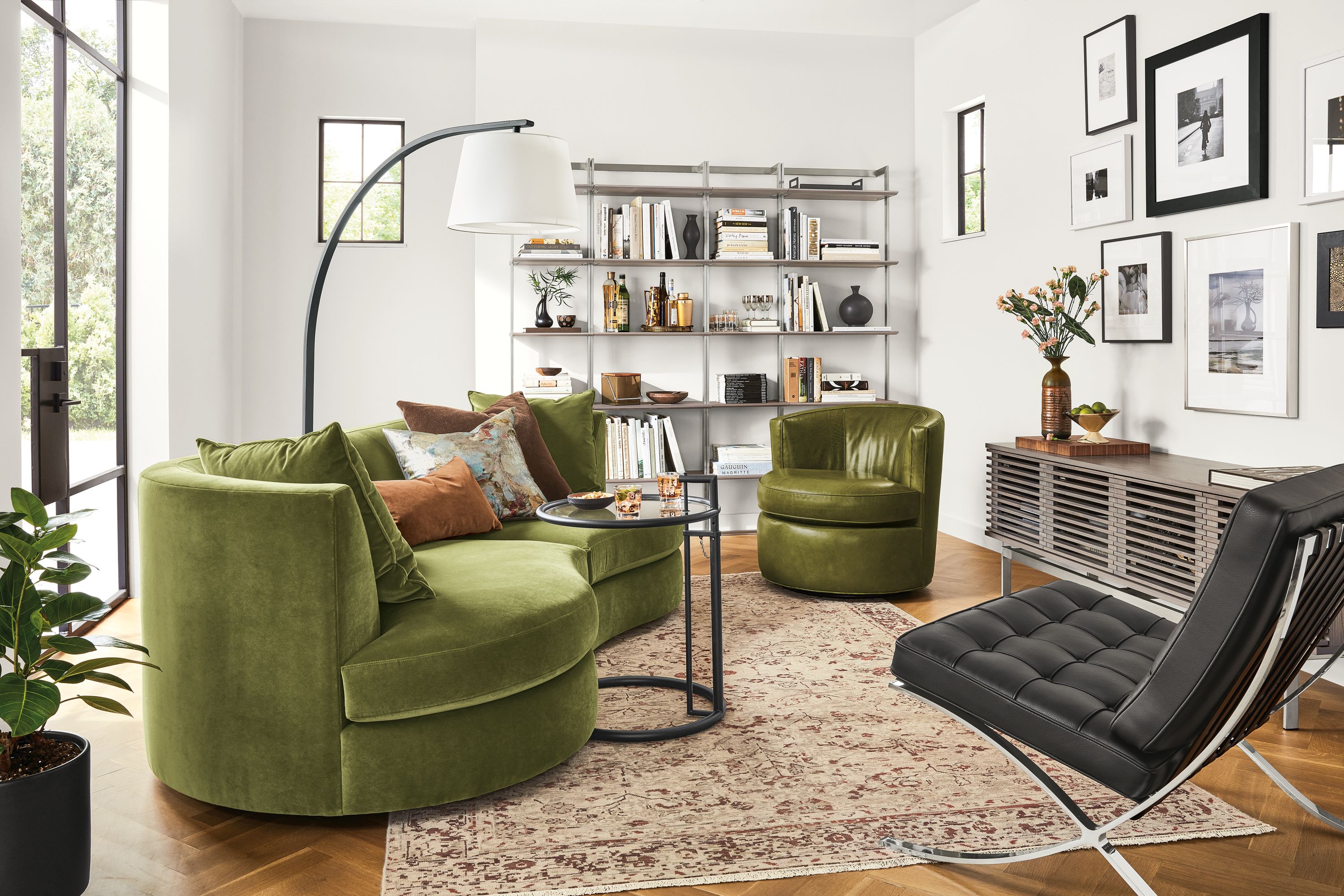 Detail of Astaire two-piece sofa in Banks Moss velvet in living room.