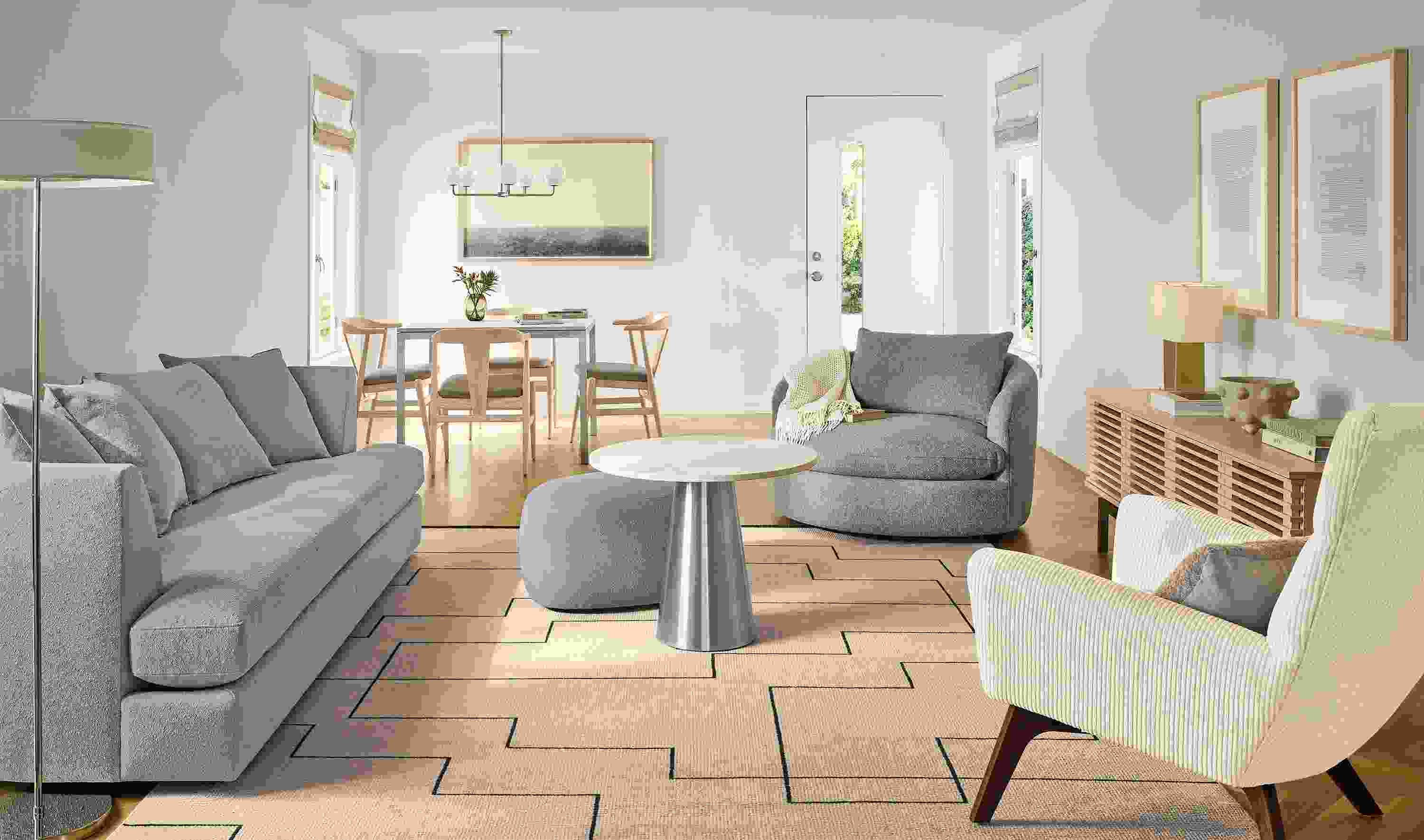 Living room with Astaire 90-wide sofa in Declan Cement, Suri swivel chair in Conley Grey and Navi rug in ivory/black.