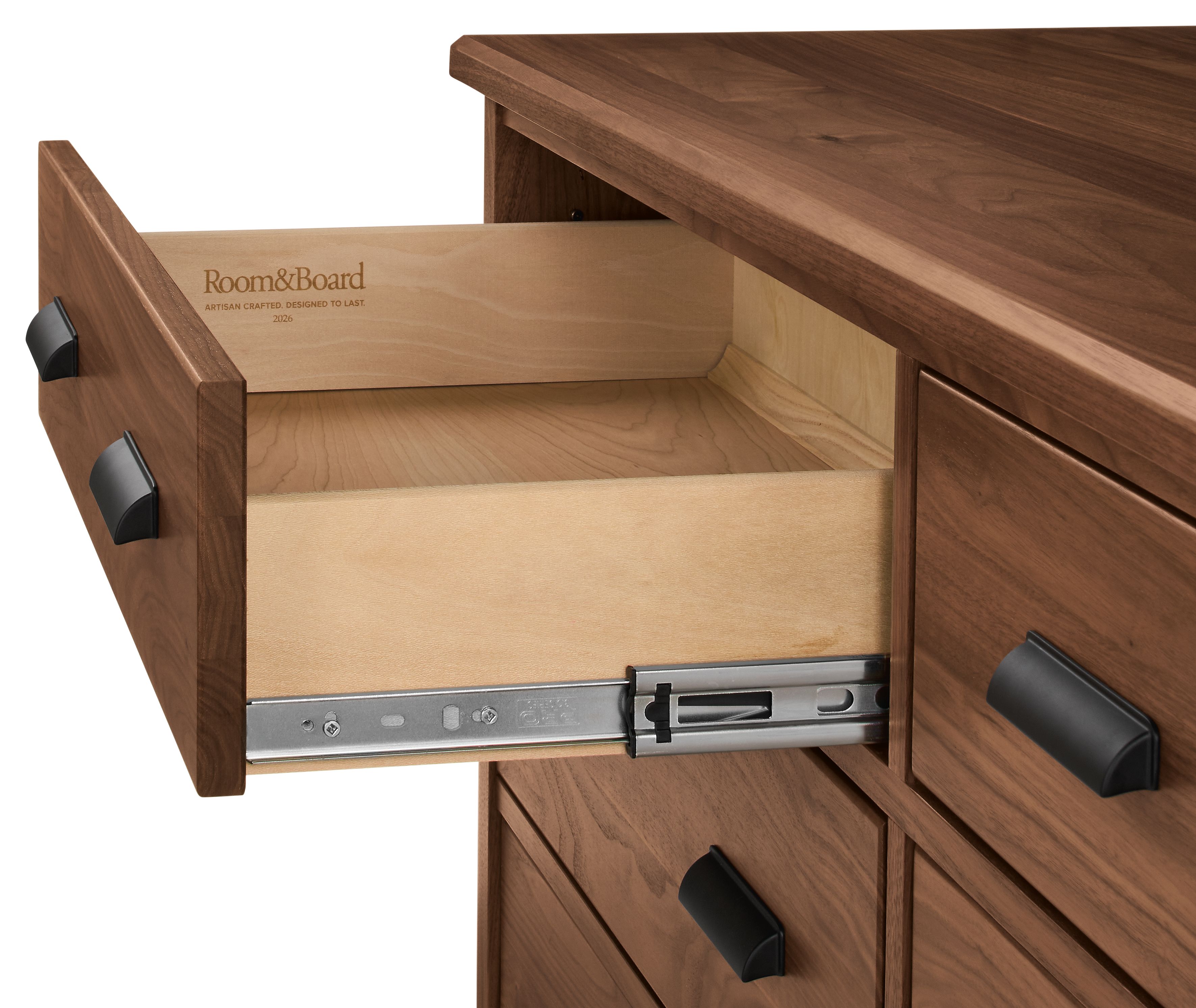 Detail of drawer slide on an Atherton 63-wide dresser in walnut.