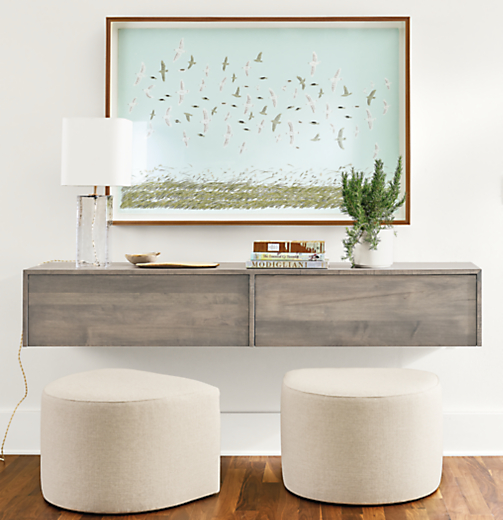 Hover 72-wide wall-mount cabinet in shell with Silva ottomans in ivory.