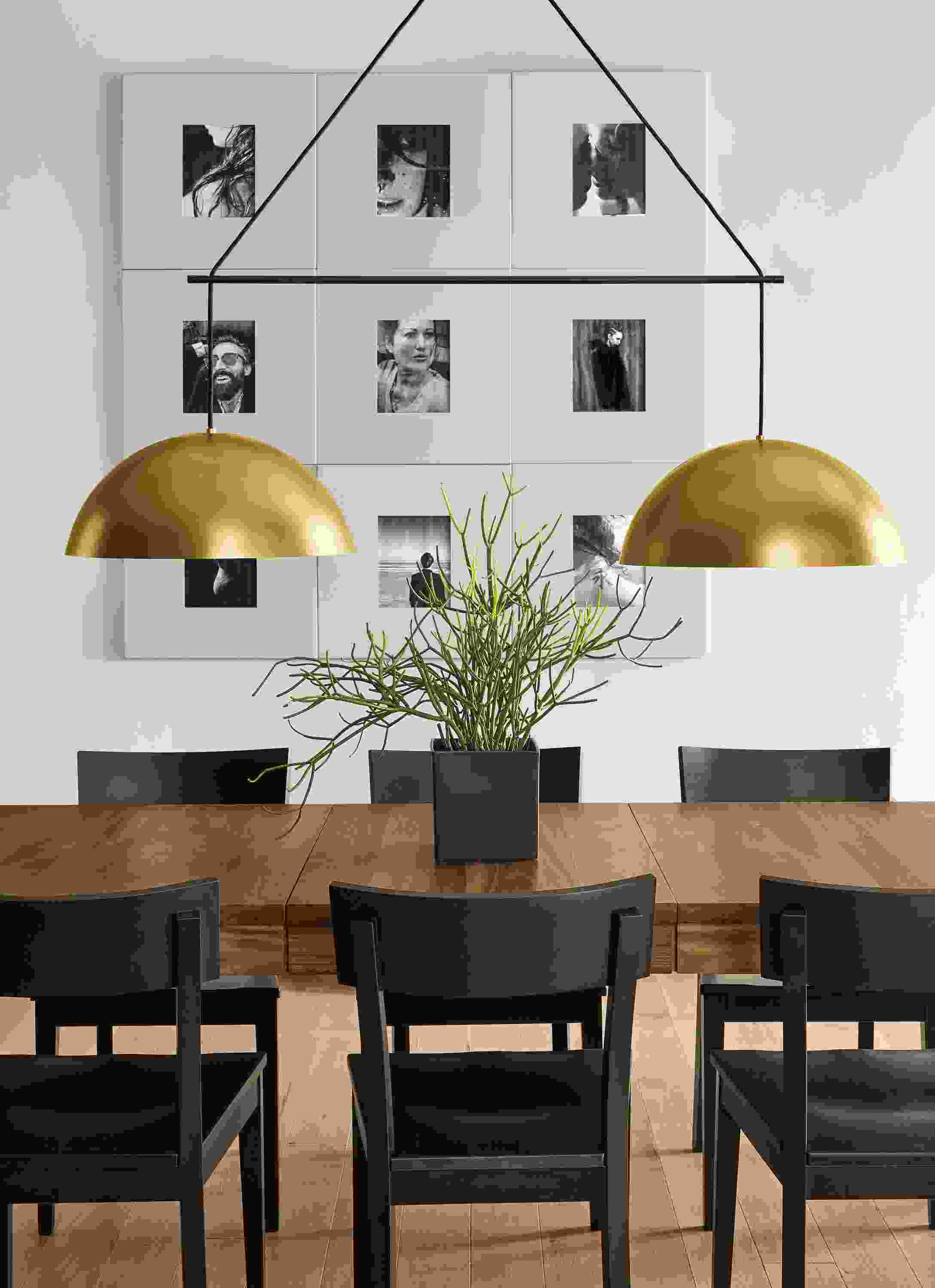 Detail of Aurora doubel pendant fixture in brass above dinner table.