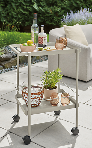 Detail of Avenue outdoor bar cart in taupe.
