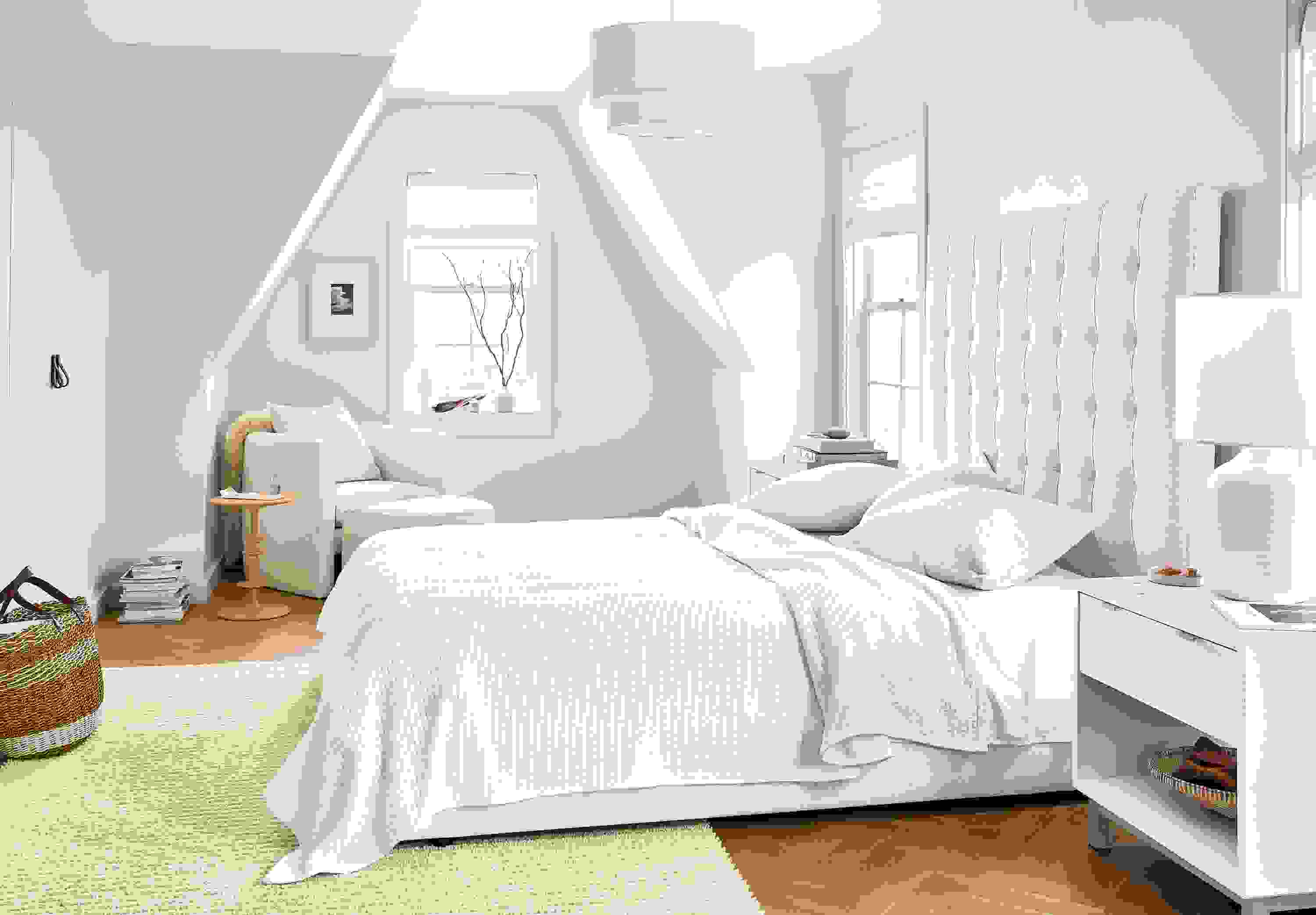 Detail of Avery queen storage bed in Sumner Ivory fabric in large bedroom.