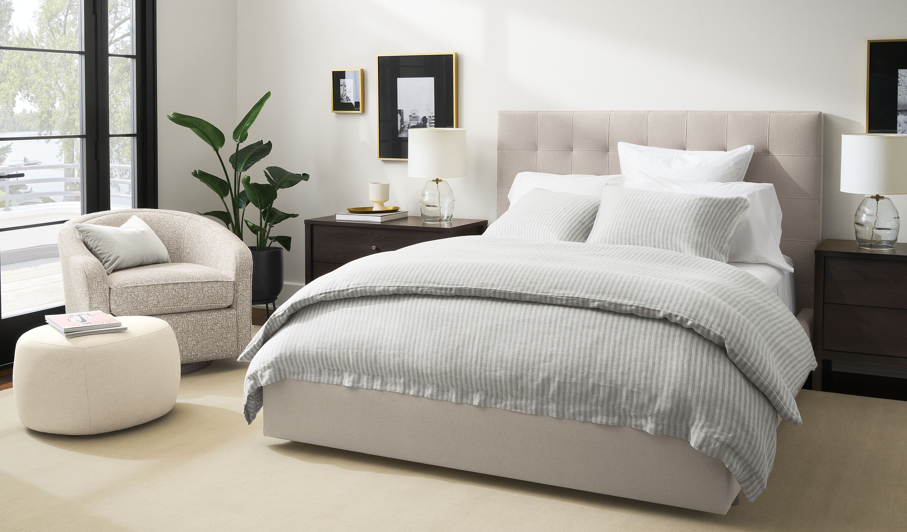 48" high headboard queen storage bed in Landen asphalt fabric