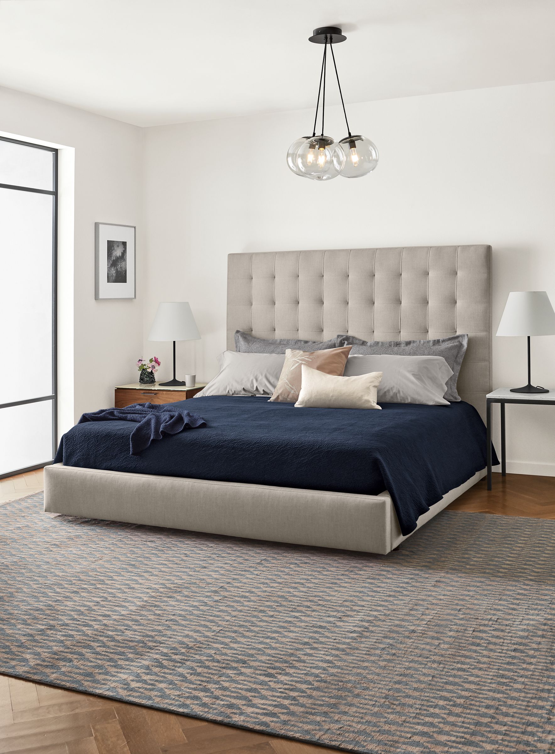 Front view of Avery king upholstered bed.