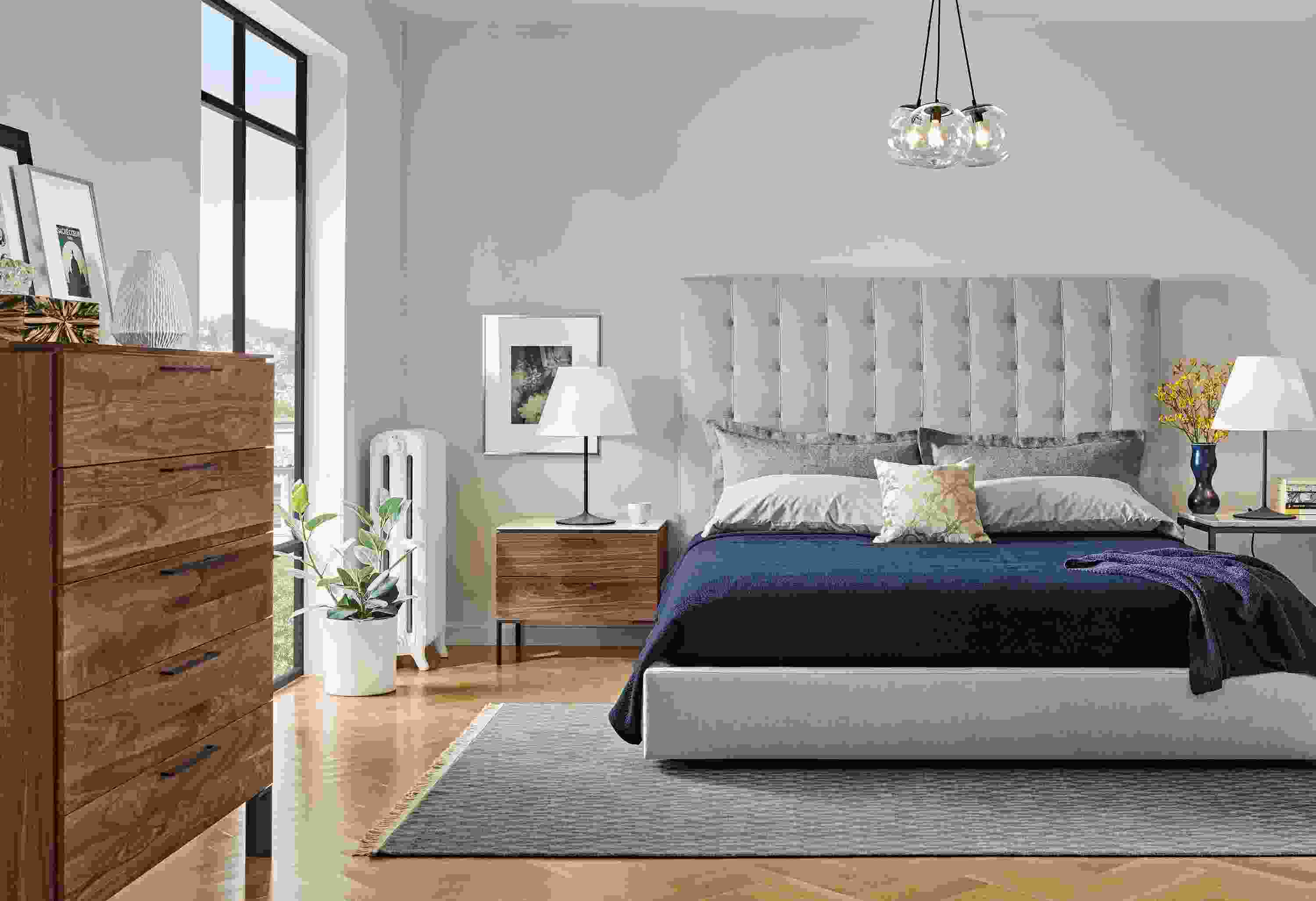 Detail of Avery king bed with tall headboard.