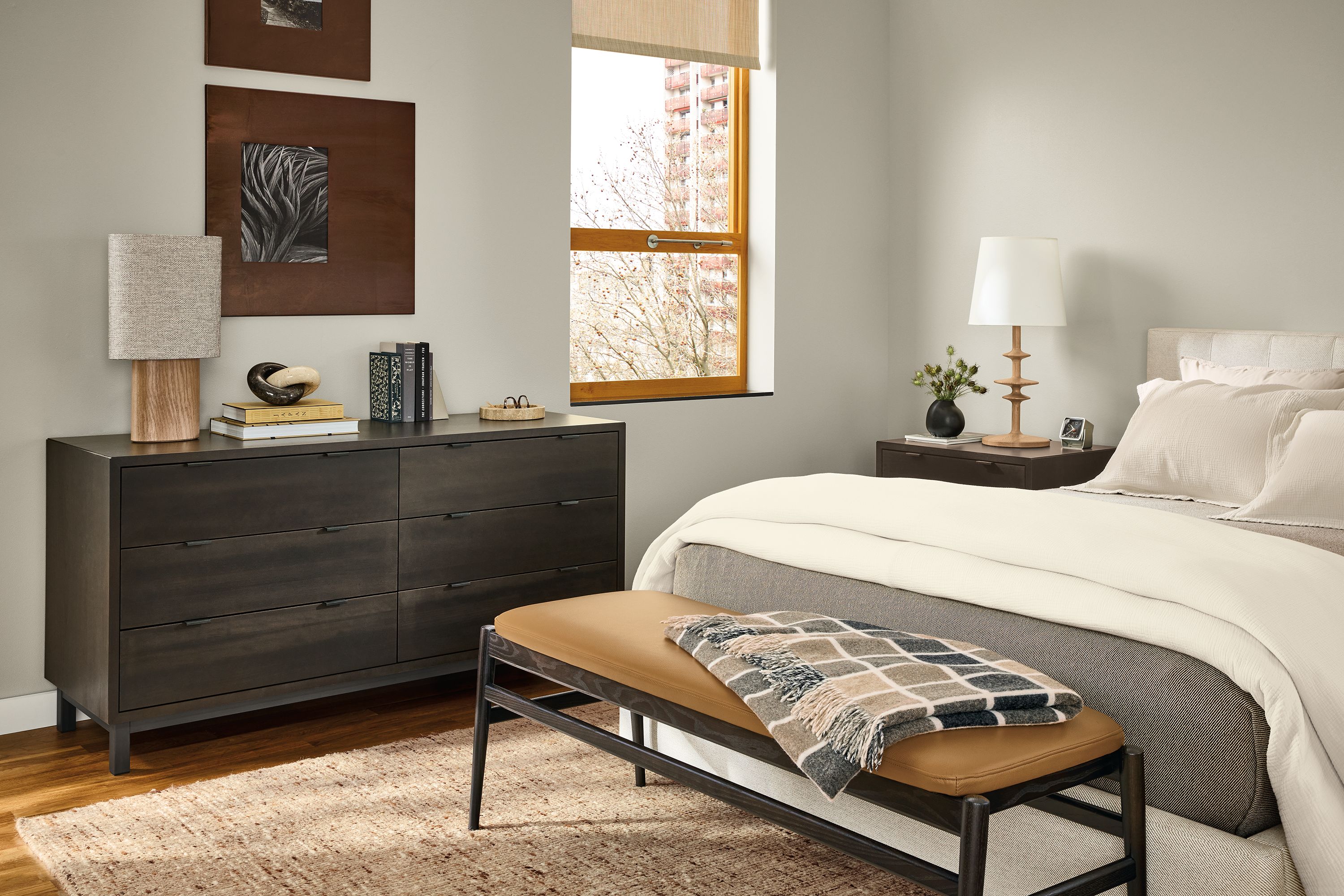 54"w bench in Pesaro camel leather and charcoal base