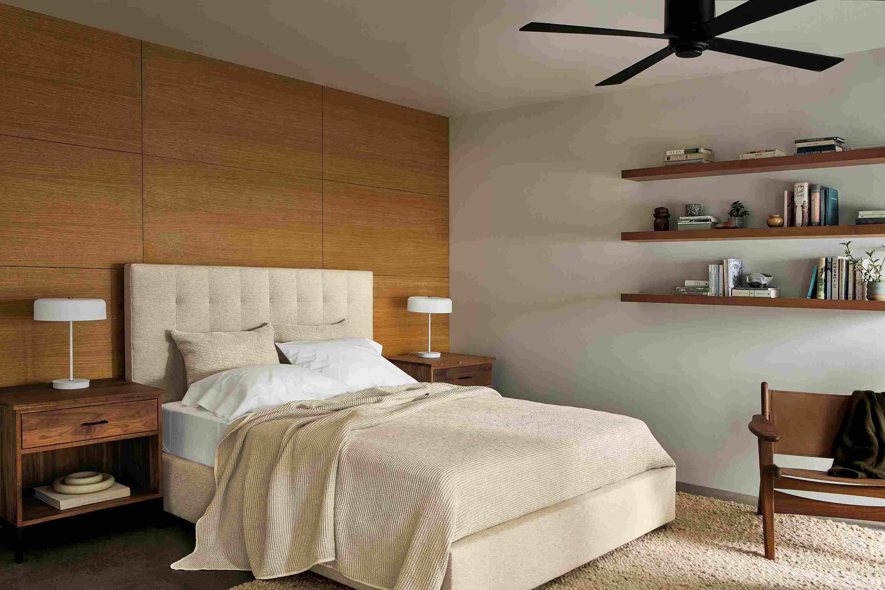 Bedroom with avery queen storage bed in tatum natural, 2 linear nightstands in walnut and lars chair.
