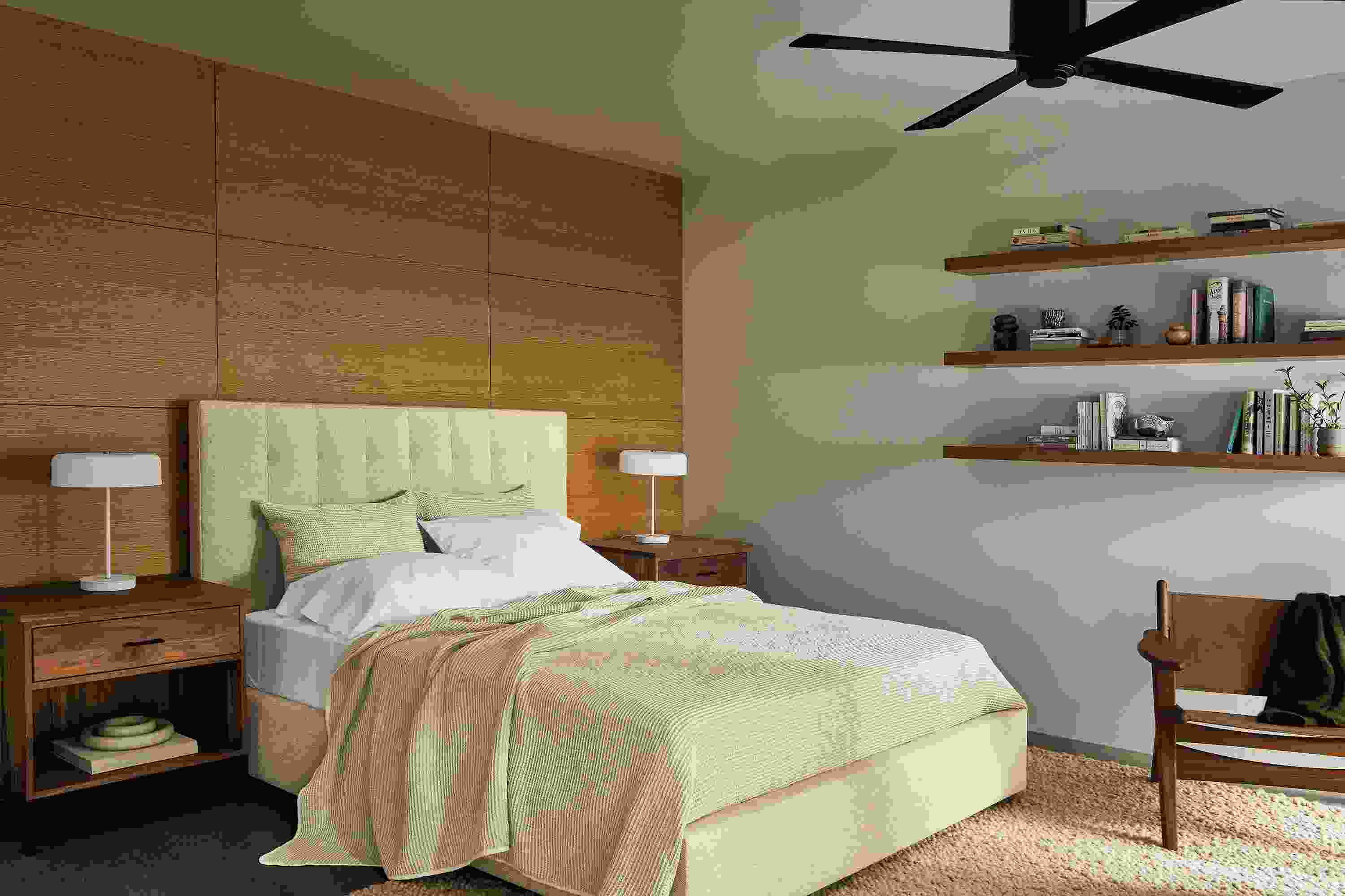Bedroom with avery queen storage bed in tatum natural, 2 linear nightstands in walnut and lars chair.