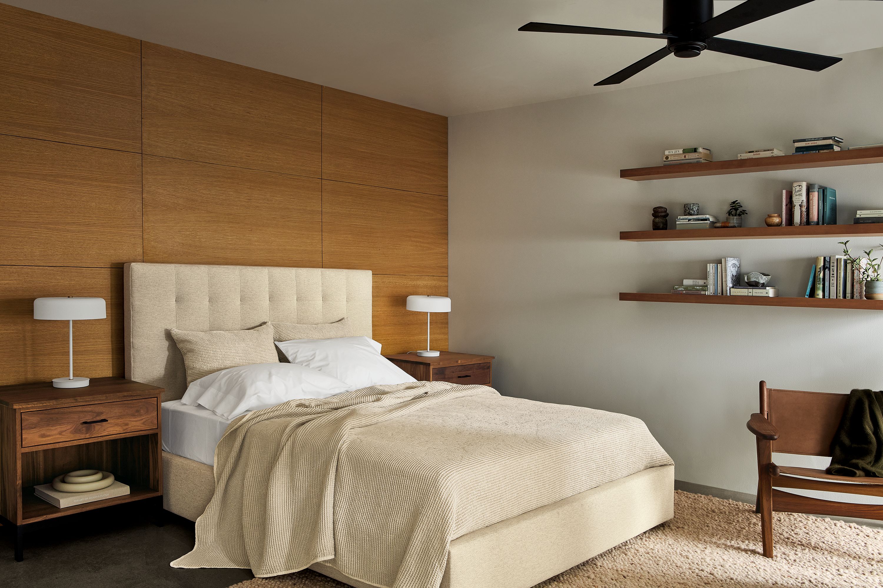 26w one-drawer nightstands in walnut with natural steel base and graphite handles