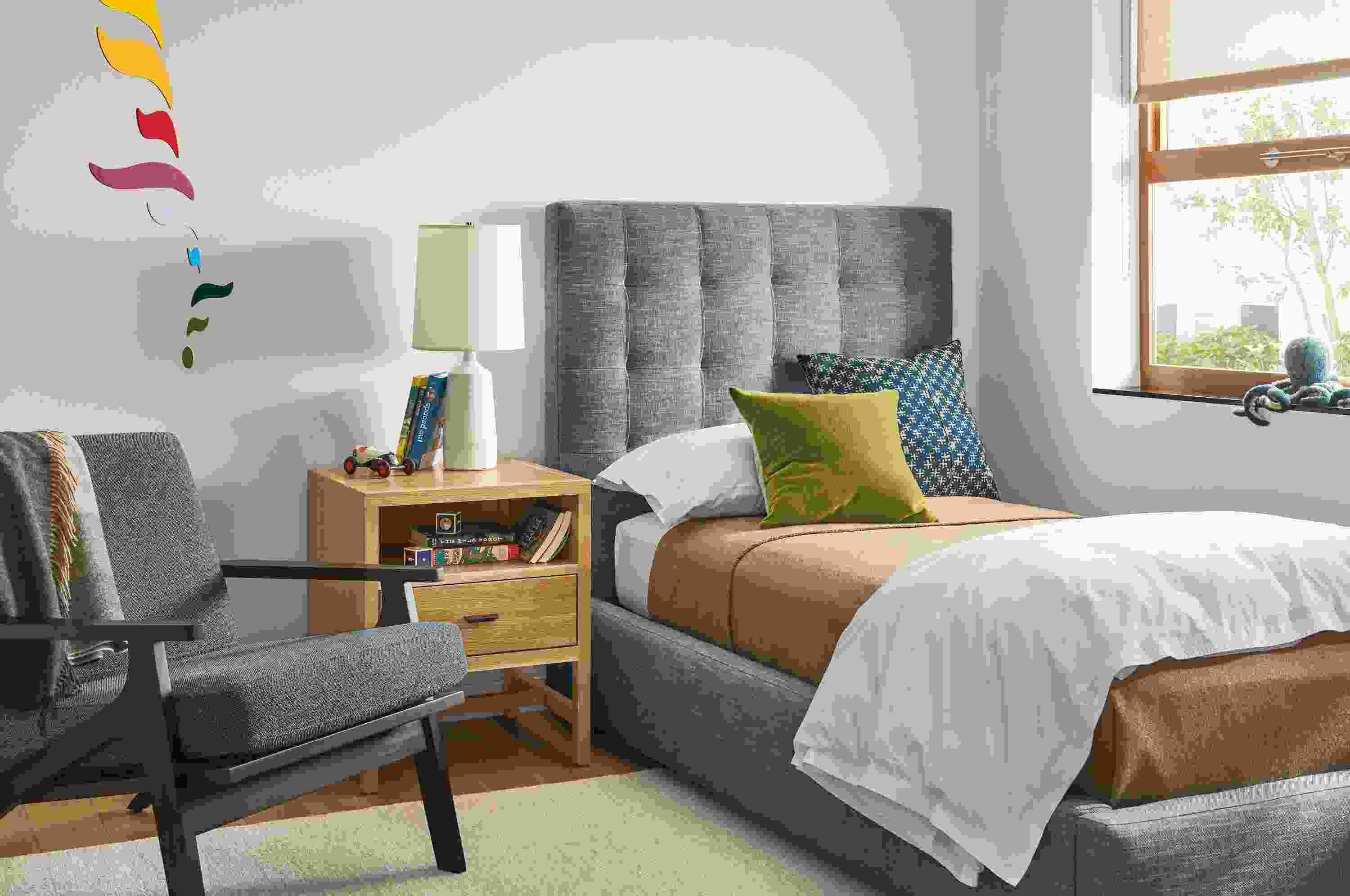 Detail of Avery twin storage bed in Destin Royal fabric in kids bedroom.