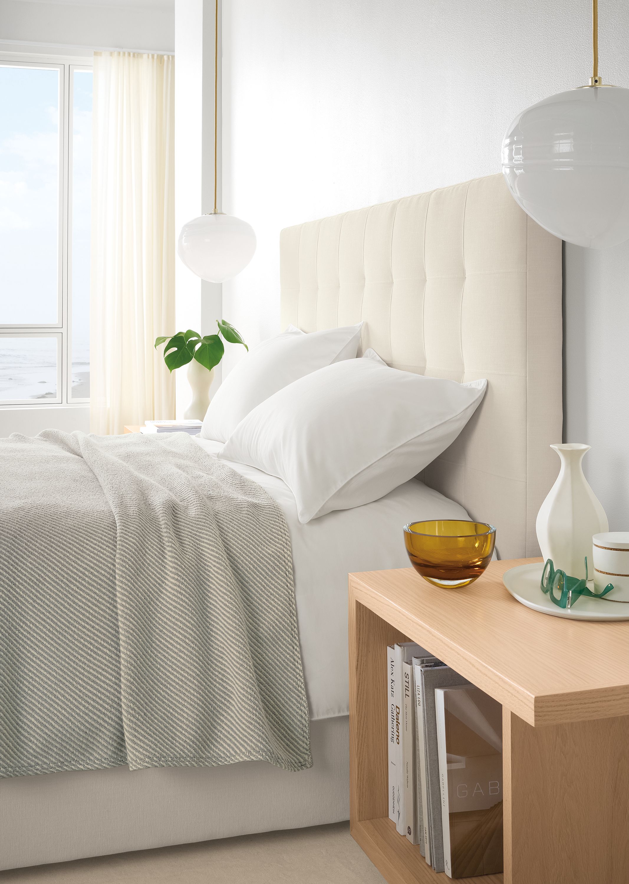 48" high headboard queen storage bed in Mori ivory fabric