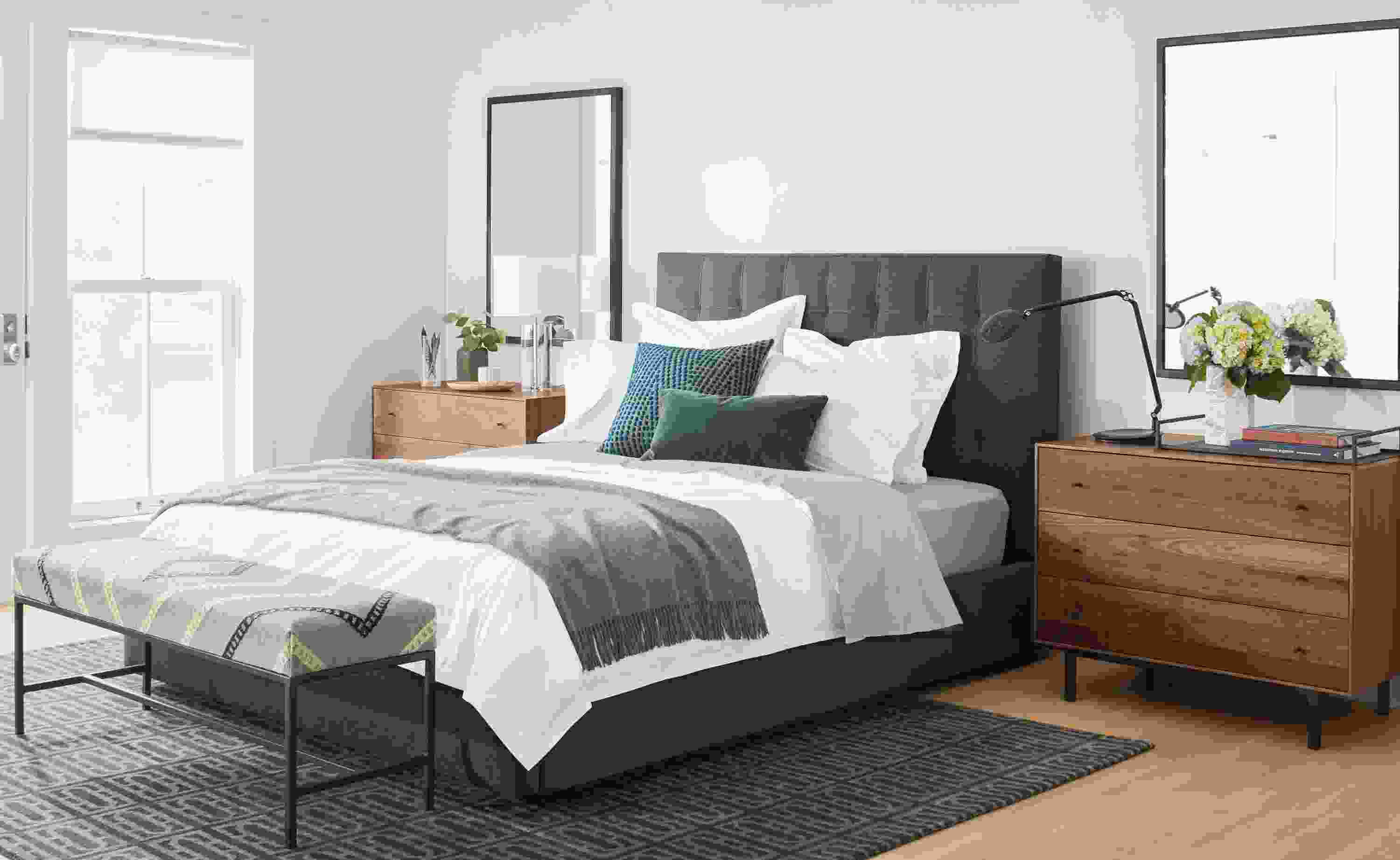 Avery queen bed in blue fabric.