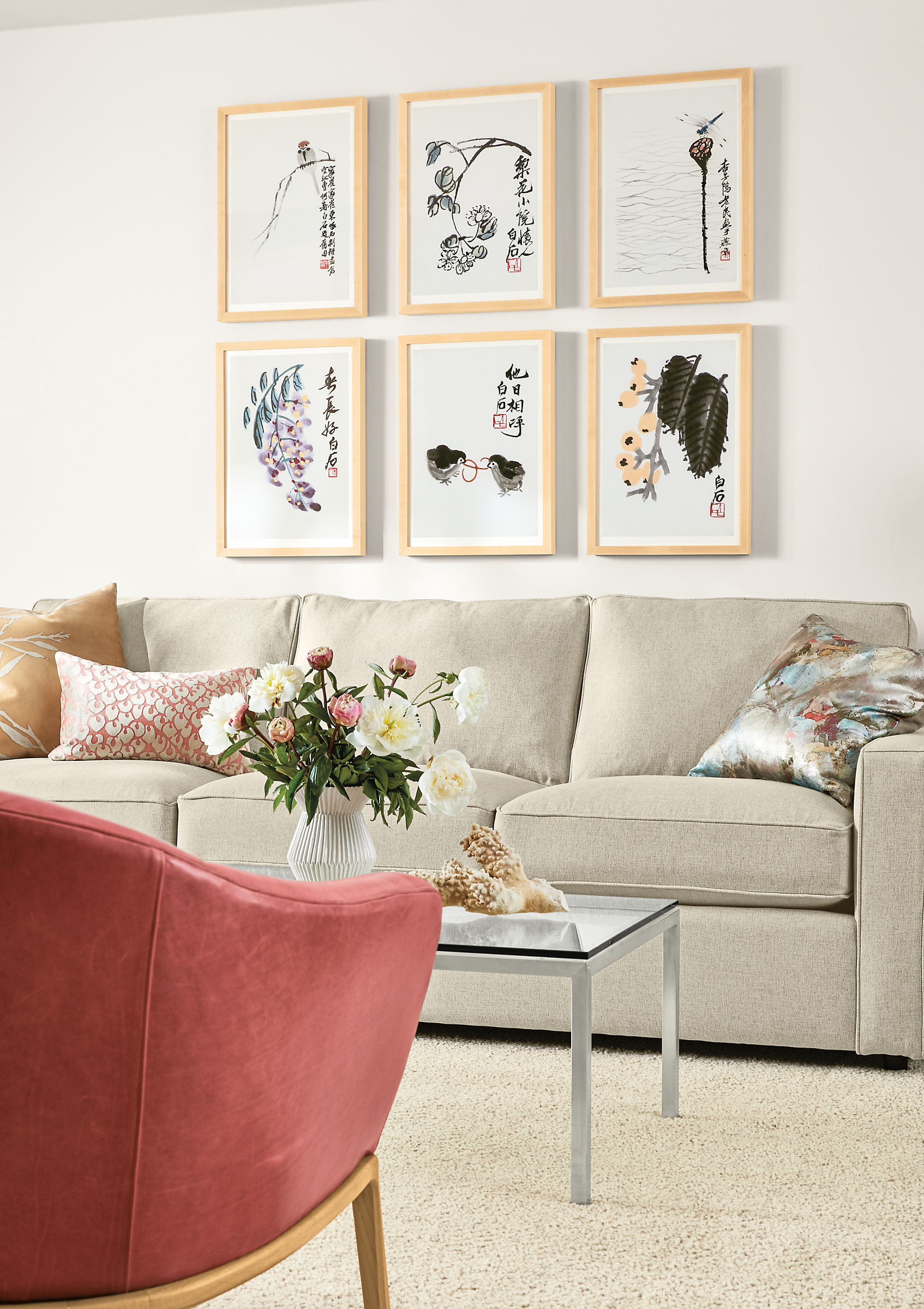 Detail of Qi Baishi wall art (6 prints) in living room.