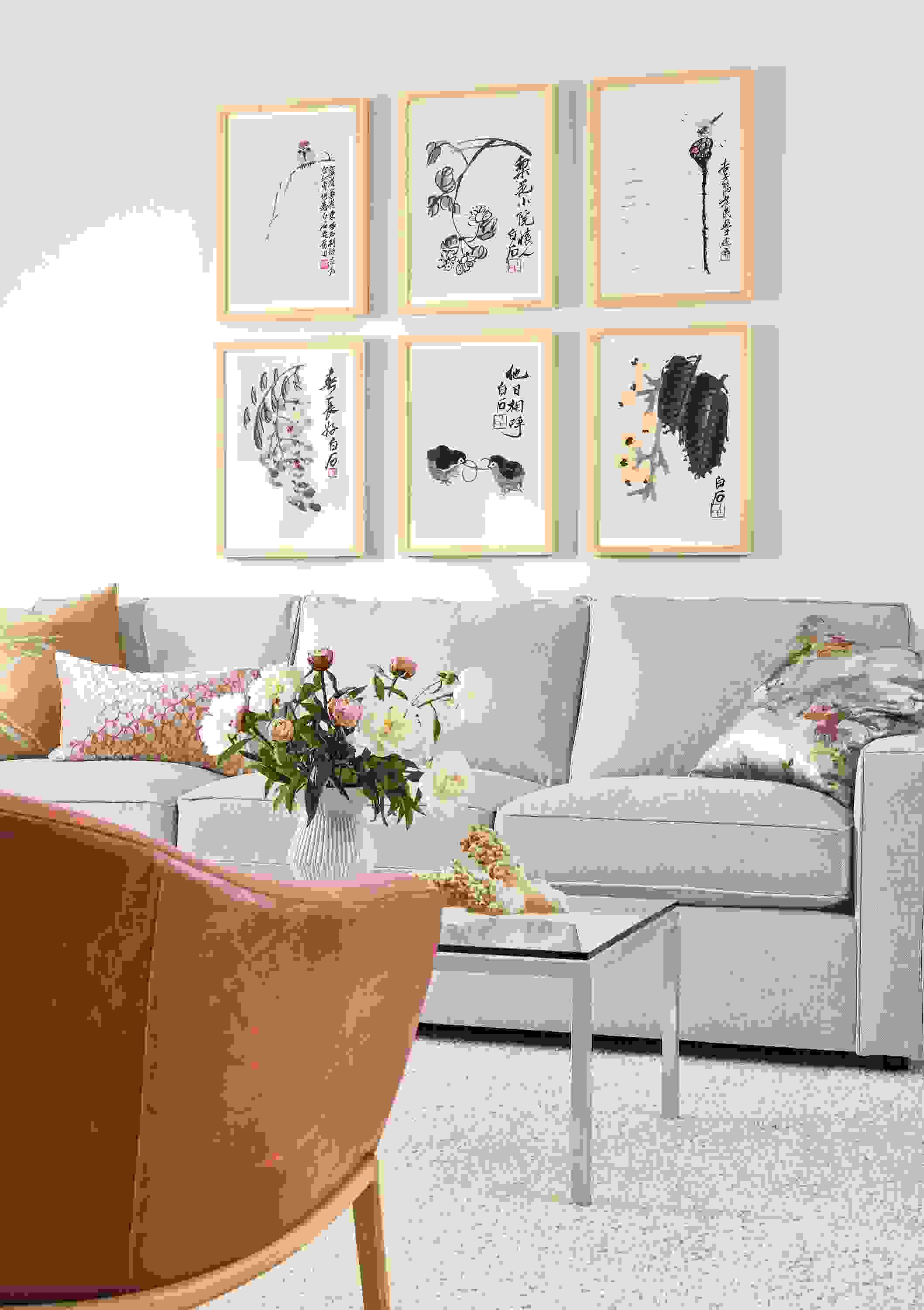 Detail of Qi Baishi wall art (6 prints) in living room.