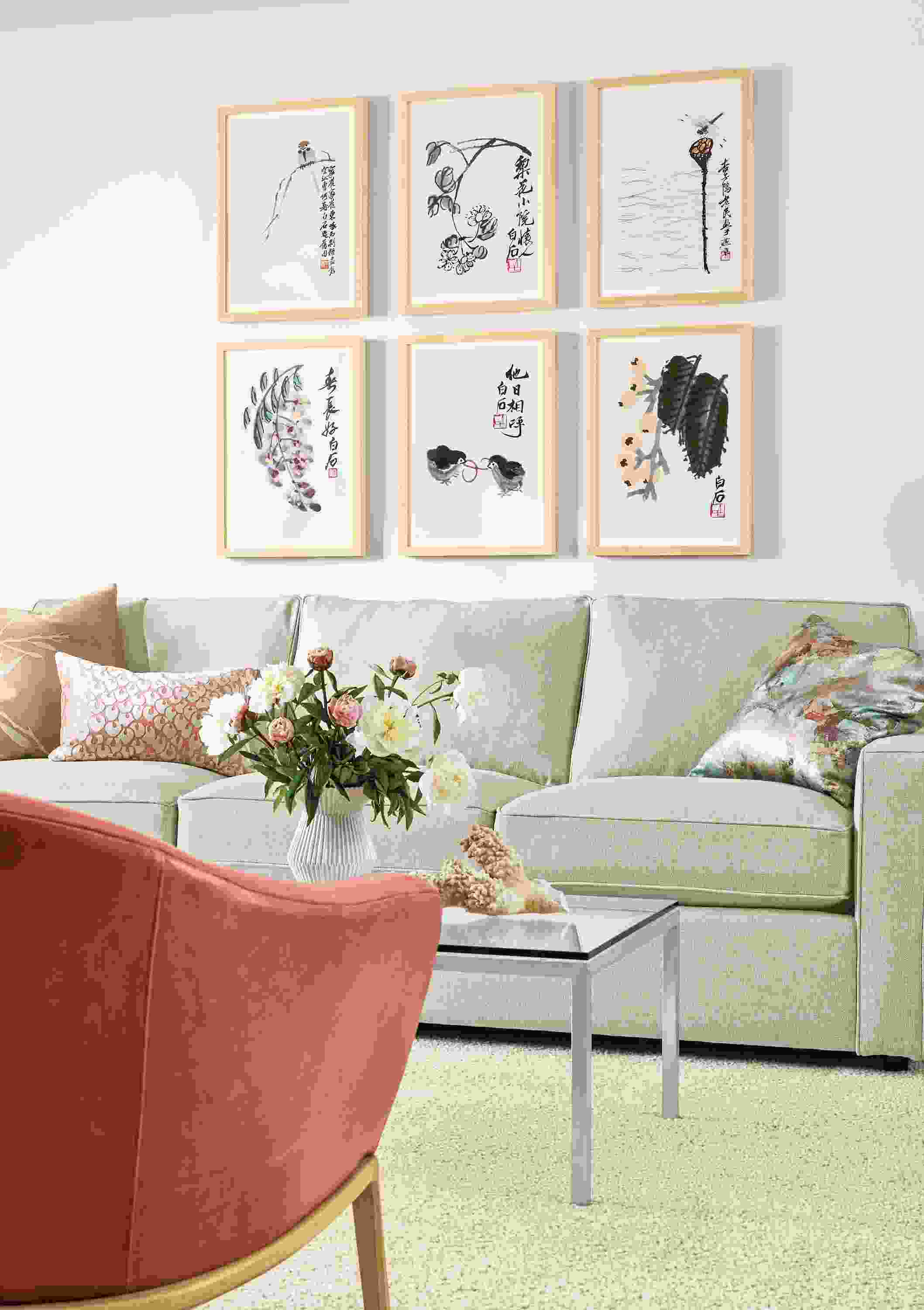 Detail of Qi Baishi wall art (6 prints) in living room.