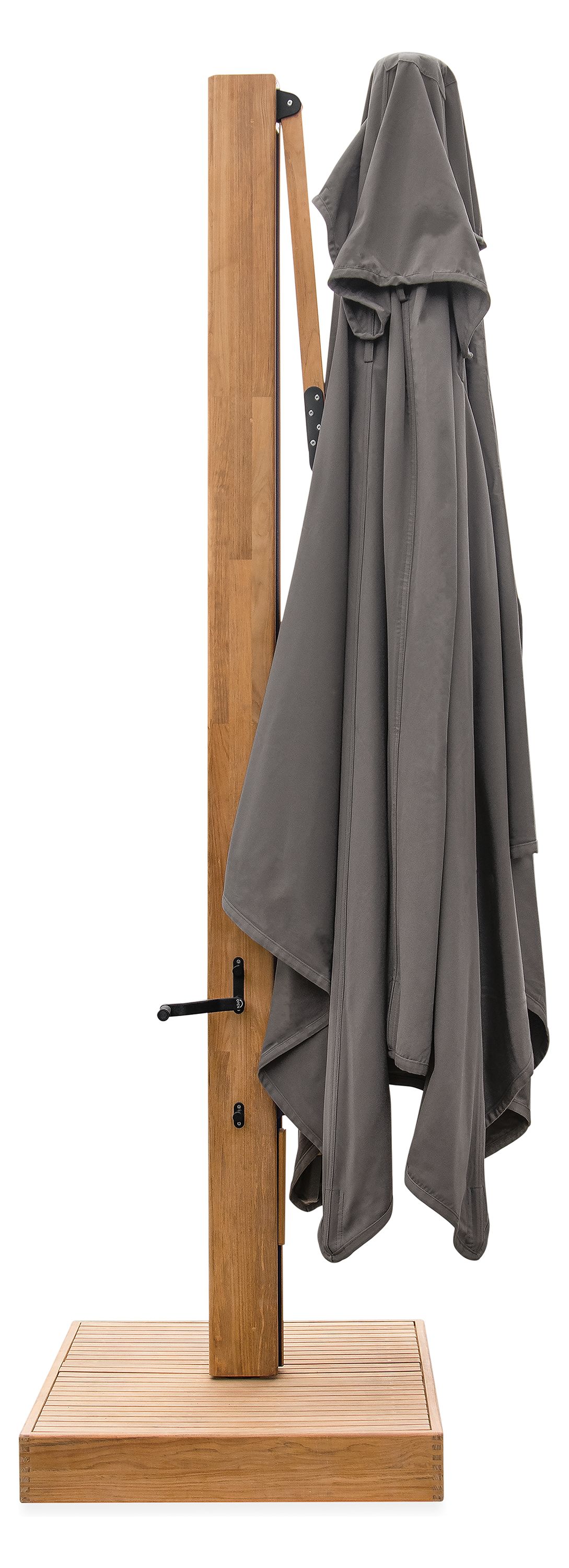 Closed detail of Banda 13 by 10 Cantilever Patio Umbrella with Teak Base in Halo Charcoal Fabric.