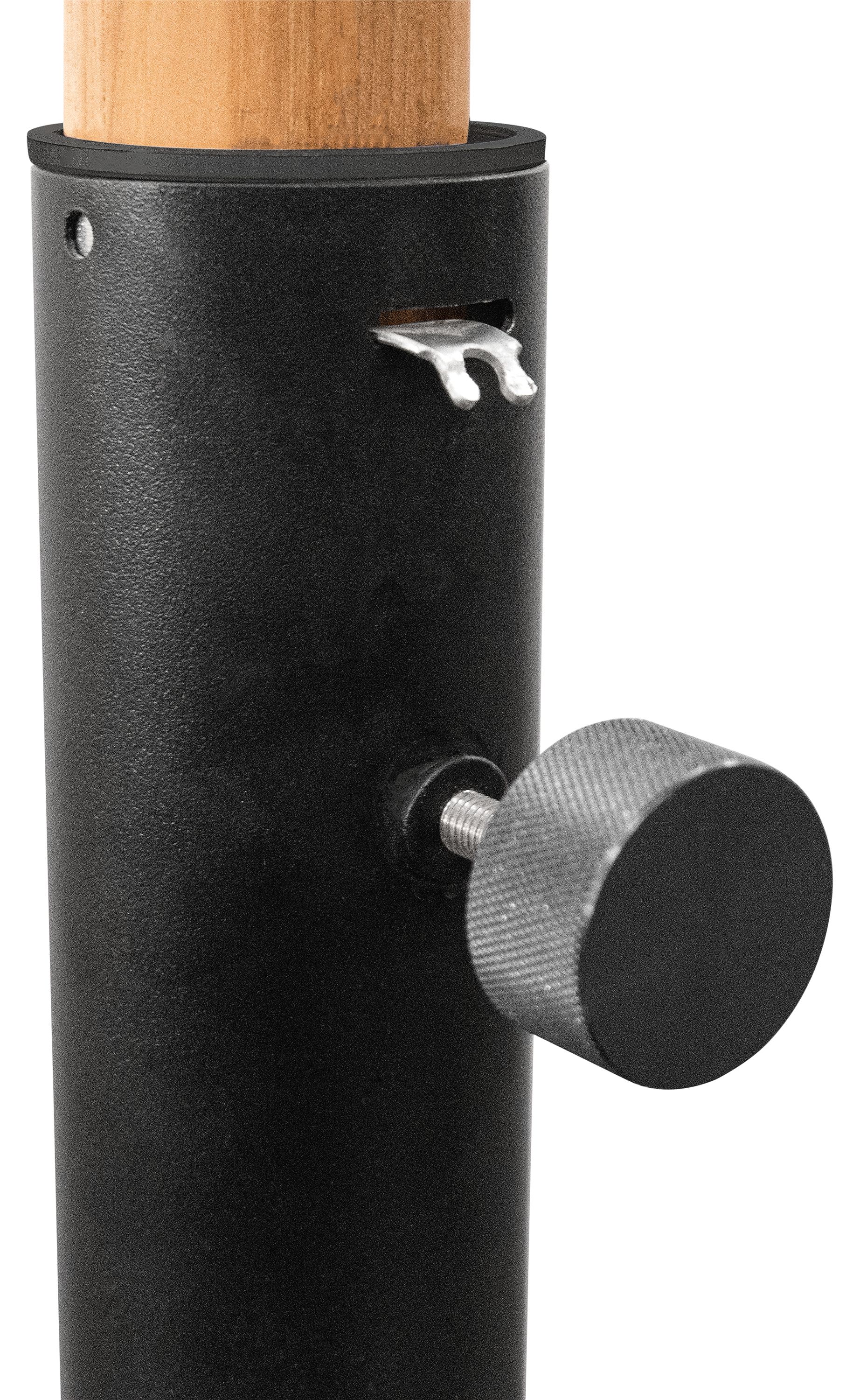 Detail of adjustment knob on Banda 10-foot round patio umbrella with base in Halo Greay and Teak Hardwood.