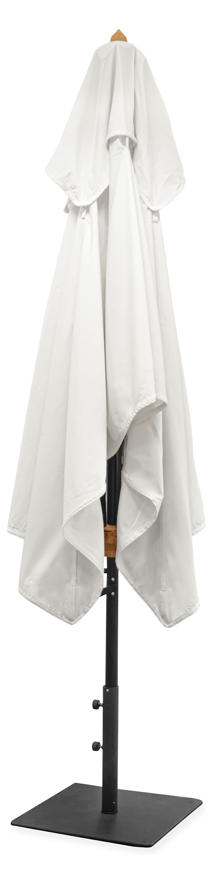 Closed detail of Banda 12 by 8 Telescopic Patio Umbrella with Black Base in Halo White Fabric.