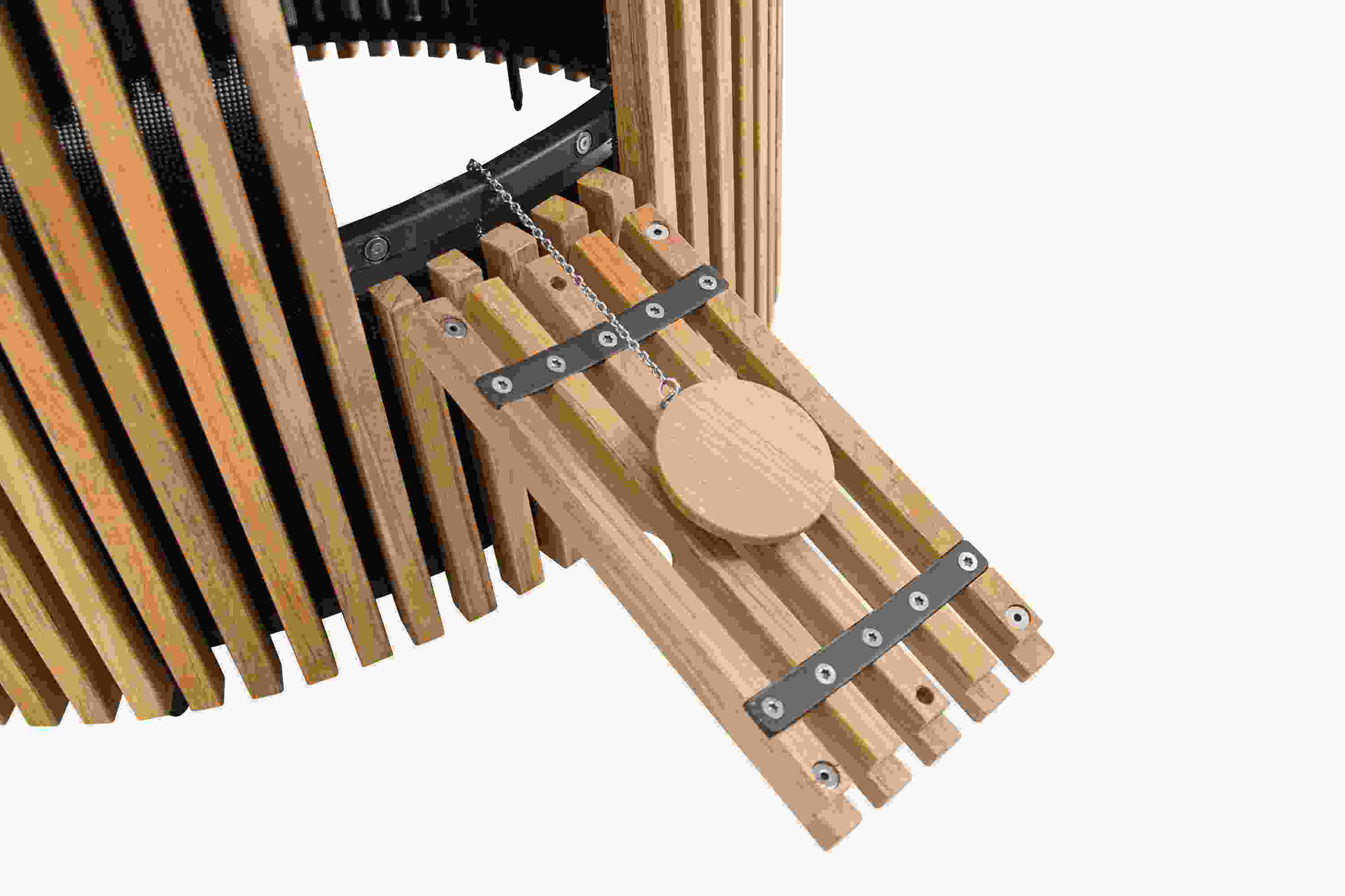 Detail of the umbrella base lock access on a Banda patio umbrella base side table.