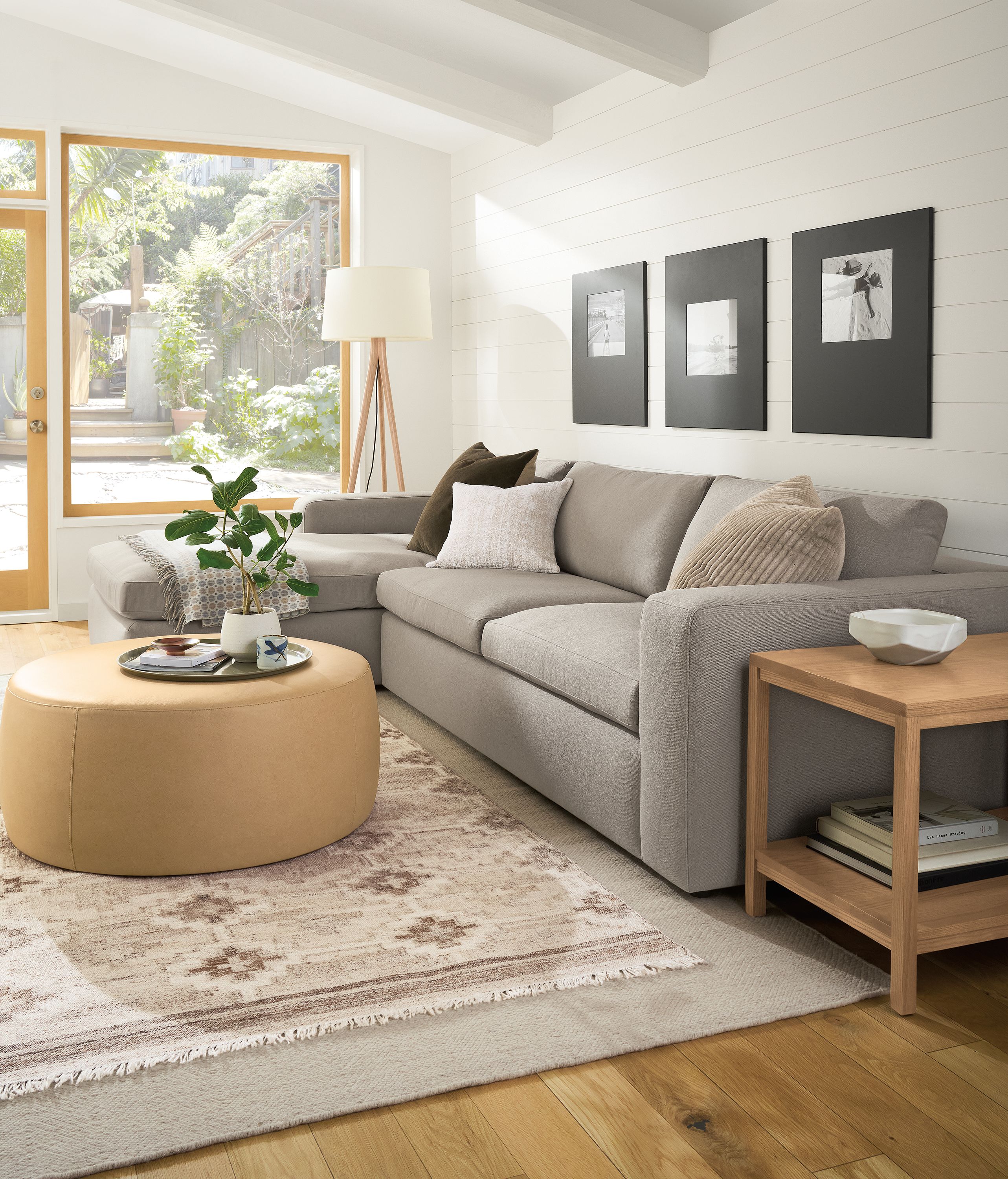 36" diam round ottoman in Fiero camel leather