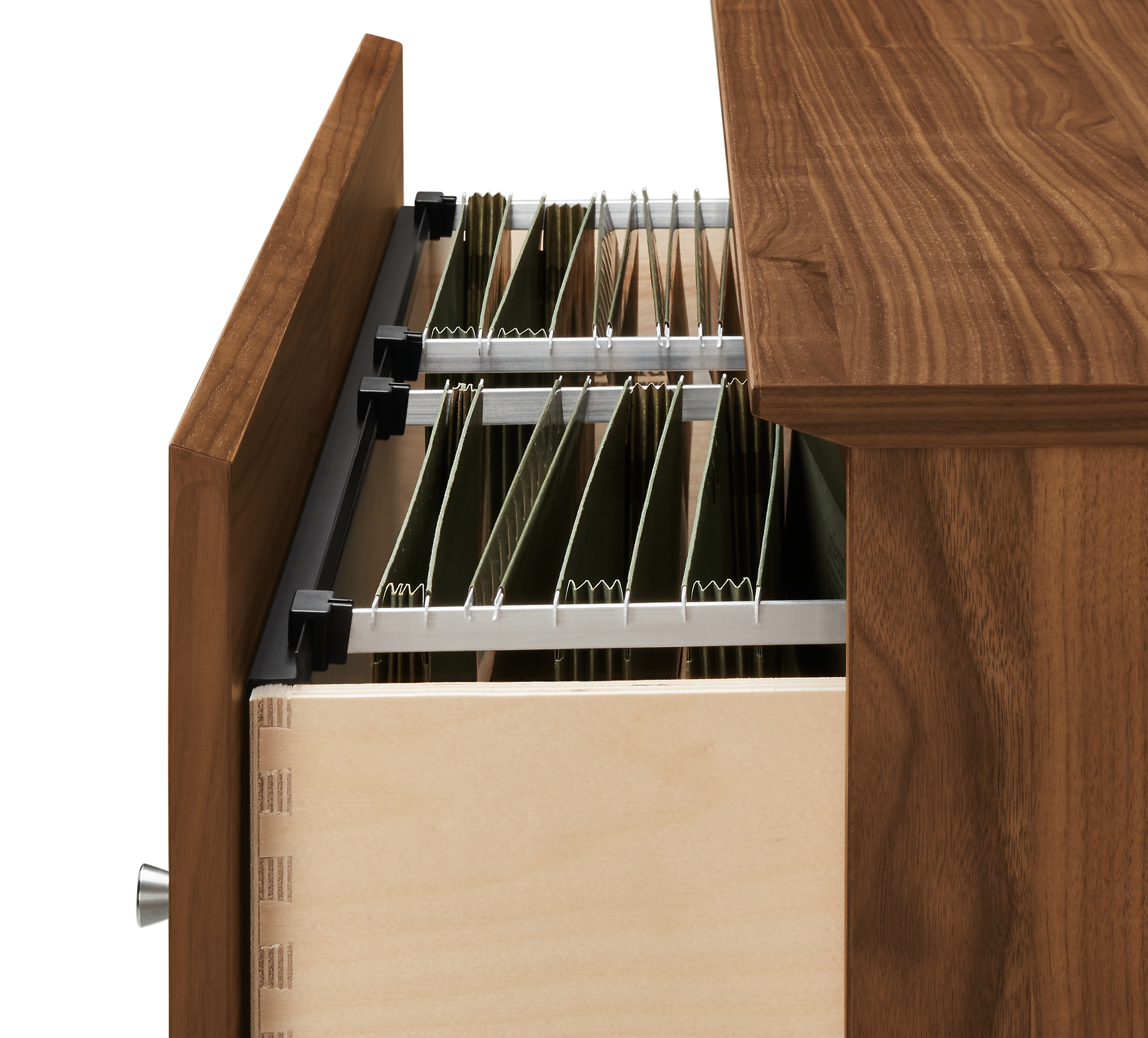 Detail of Beam 36-wide One-Drawer Insert for Bookcase in stainless steel and walnut.