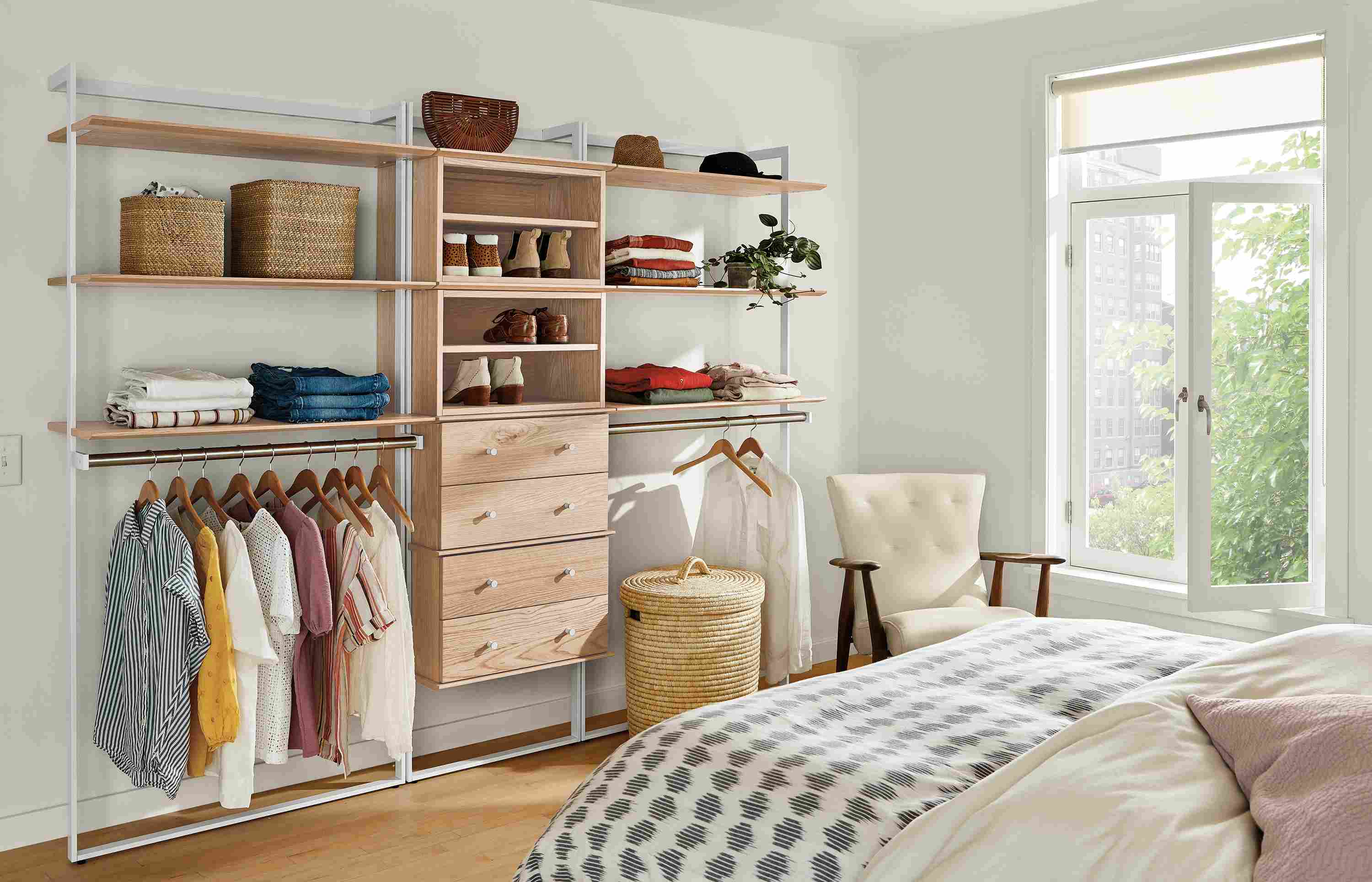 Bedroom with Beam 96-wide by 78-high Clothing Wall Unit in white with salt on red oak inserts and white hardware.