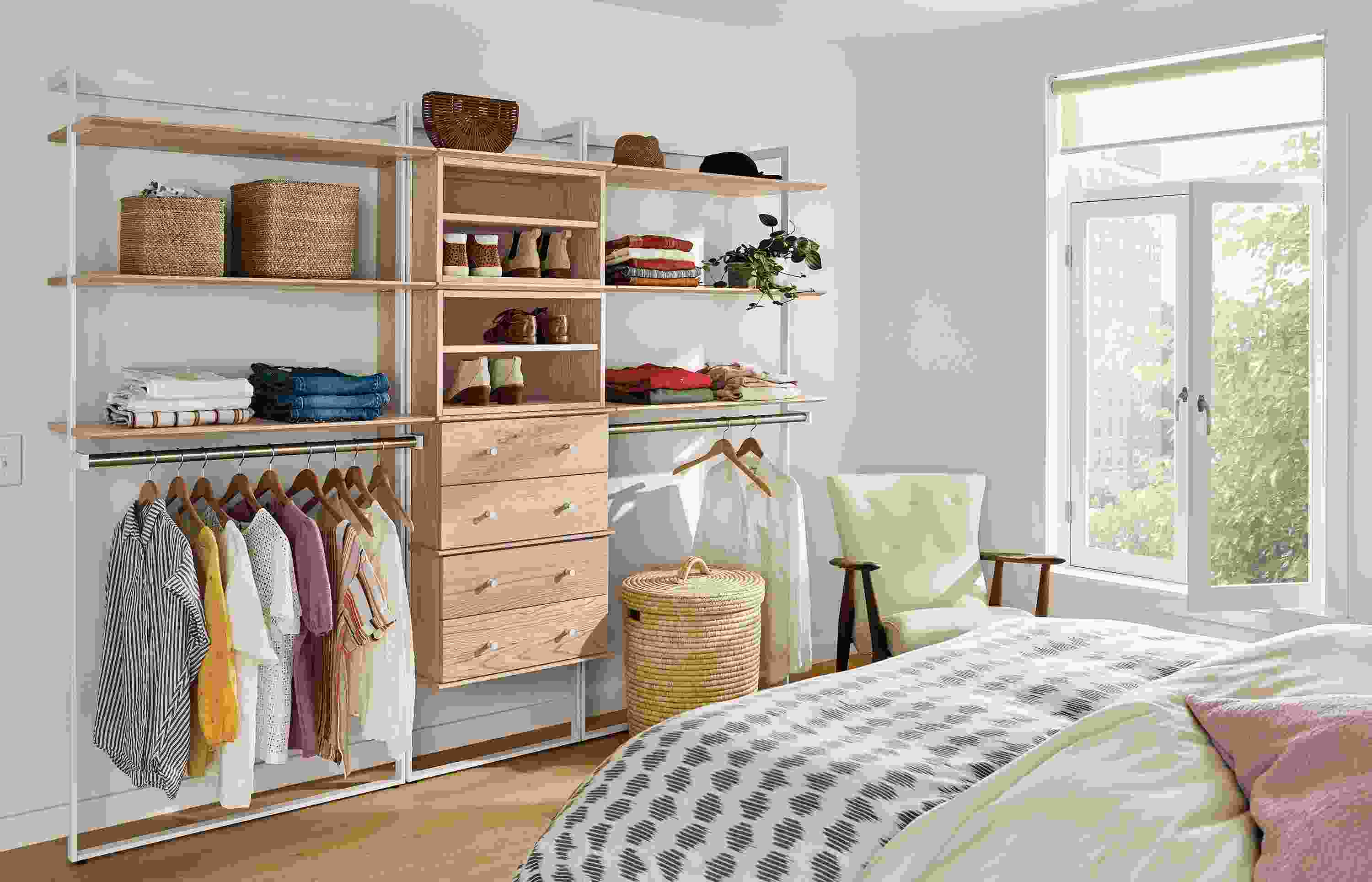 Bedroom with Beam 96-wide by 78-high Clothing Wall Unit in white with salt on red oak inserts and white hardware.