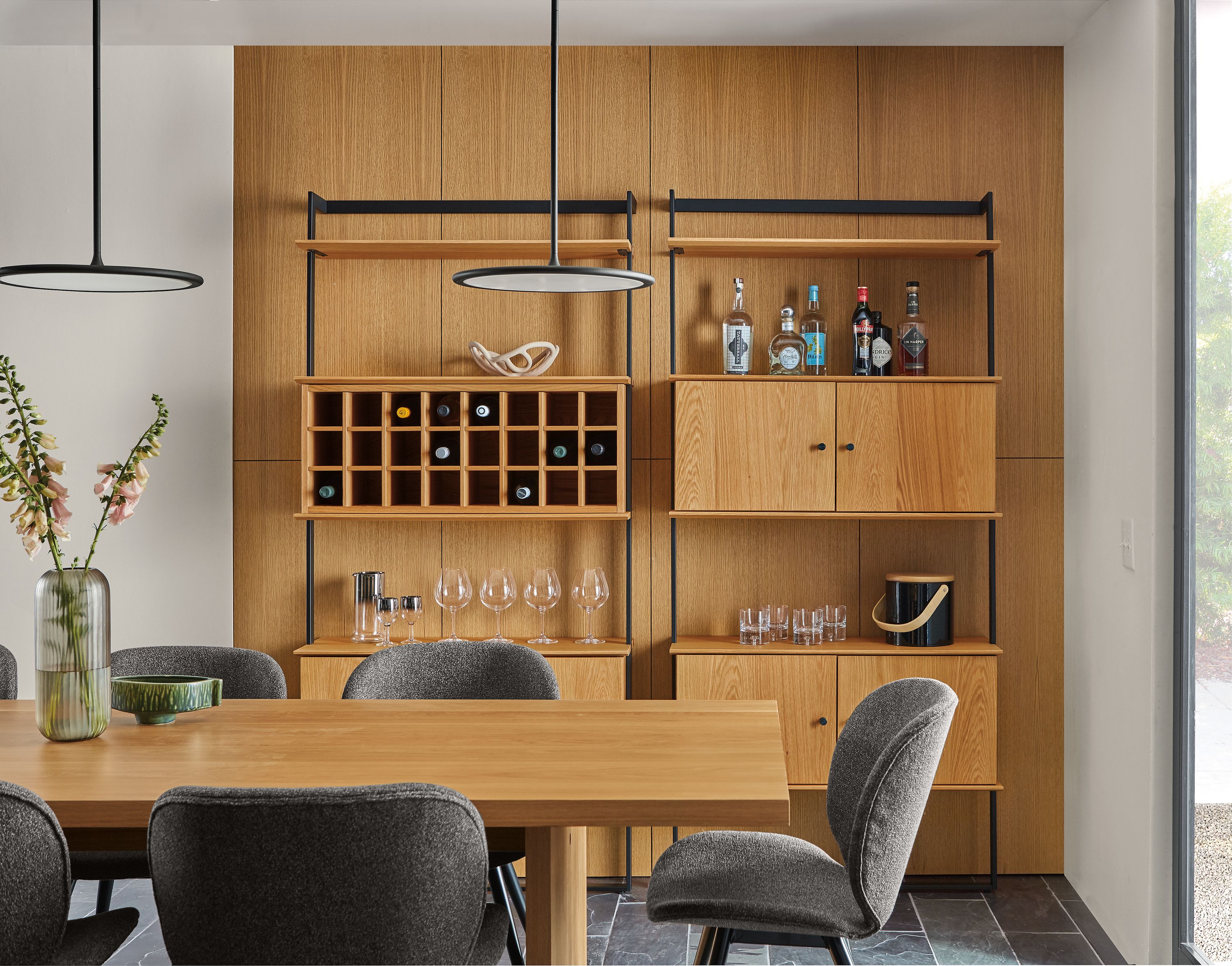 Two 36w 12d five shelves bookcases with double door and wine rack inserts in white oak/graphite
