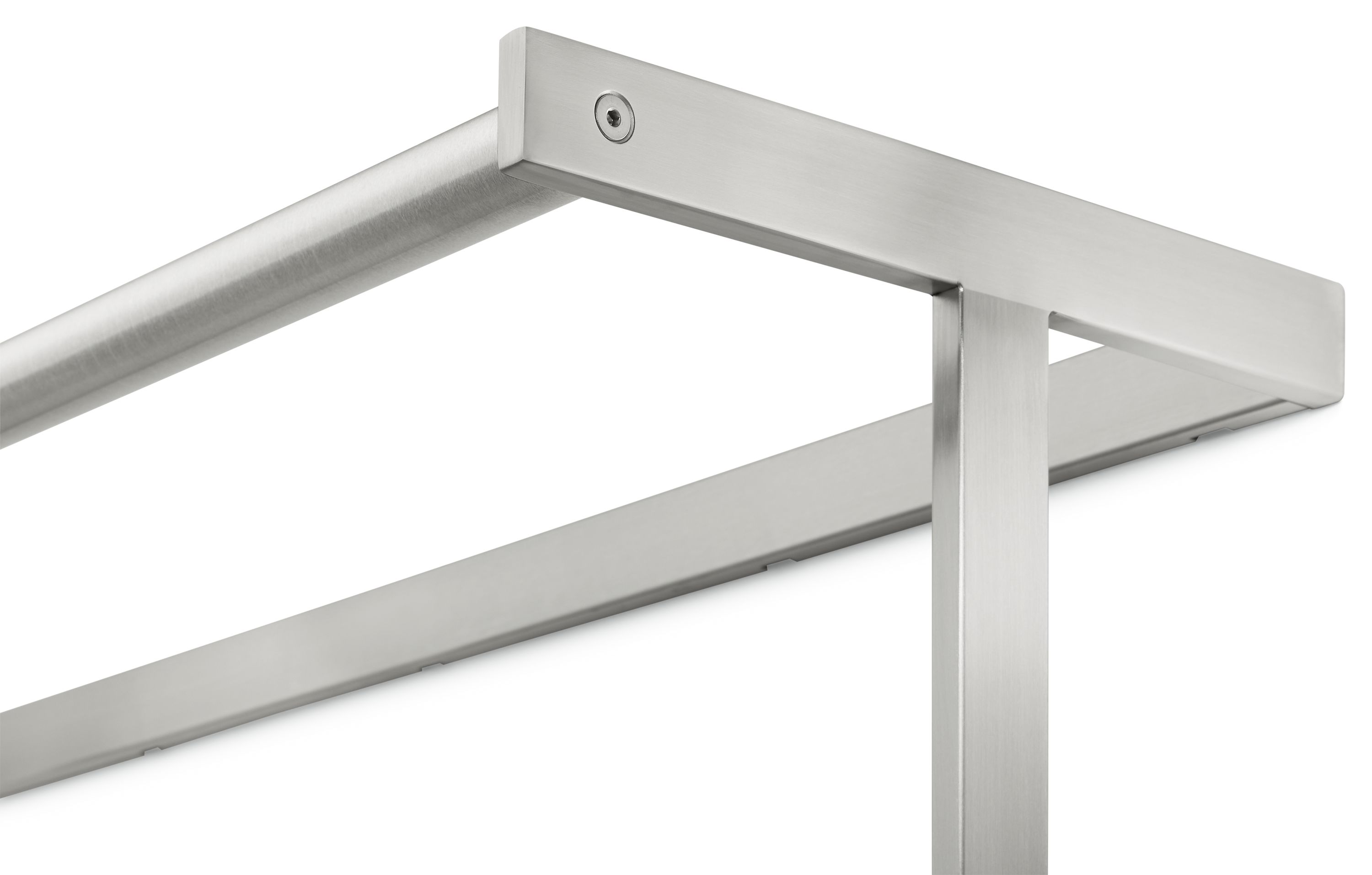 Detail of Beam 36-wide Top Hanging Closet in stainless steel and walnut.