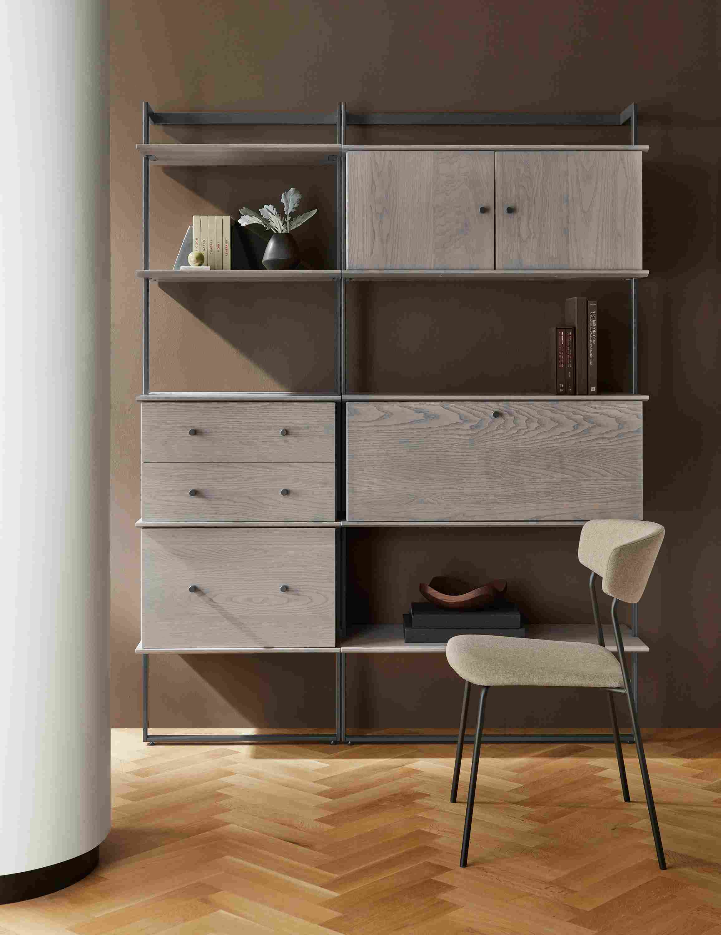 Beam bookcase in graphite with shell on ash inserts and Wolfgang side chair in Medley Oatmeal.