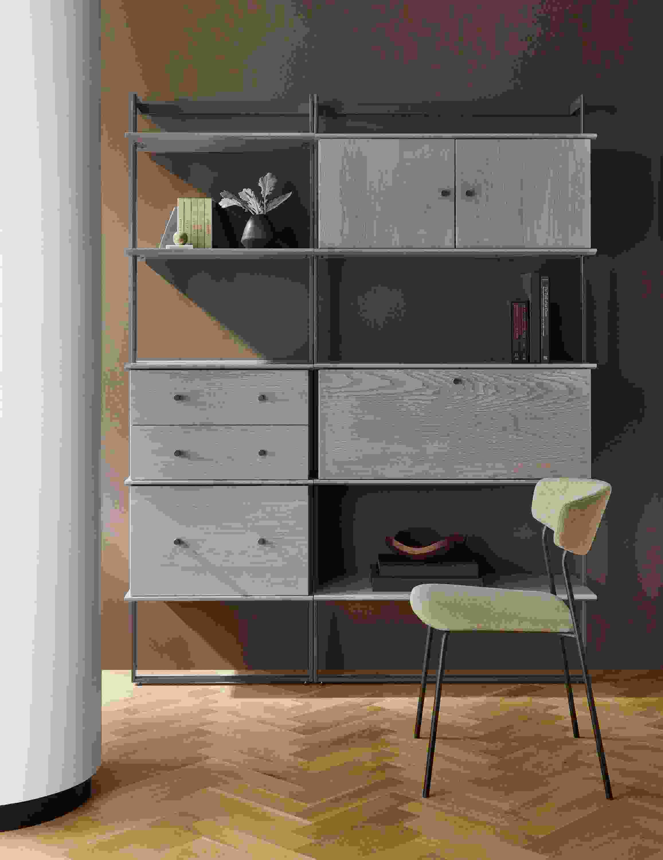Beam bookcase in graphite with shell on ash inserts and Wolfgang side chair in Medley Oatmeal.