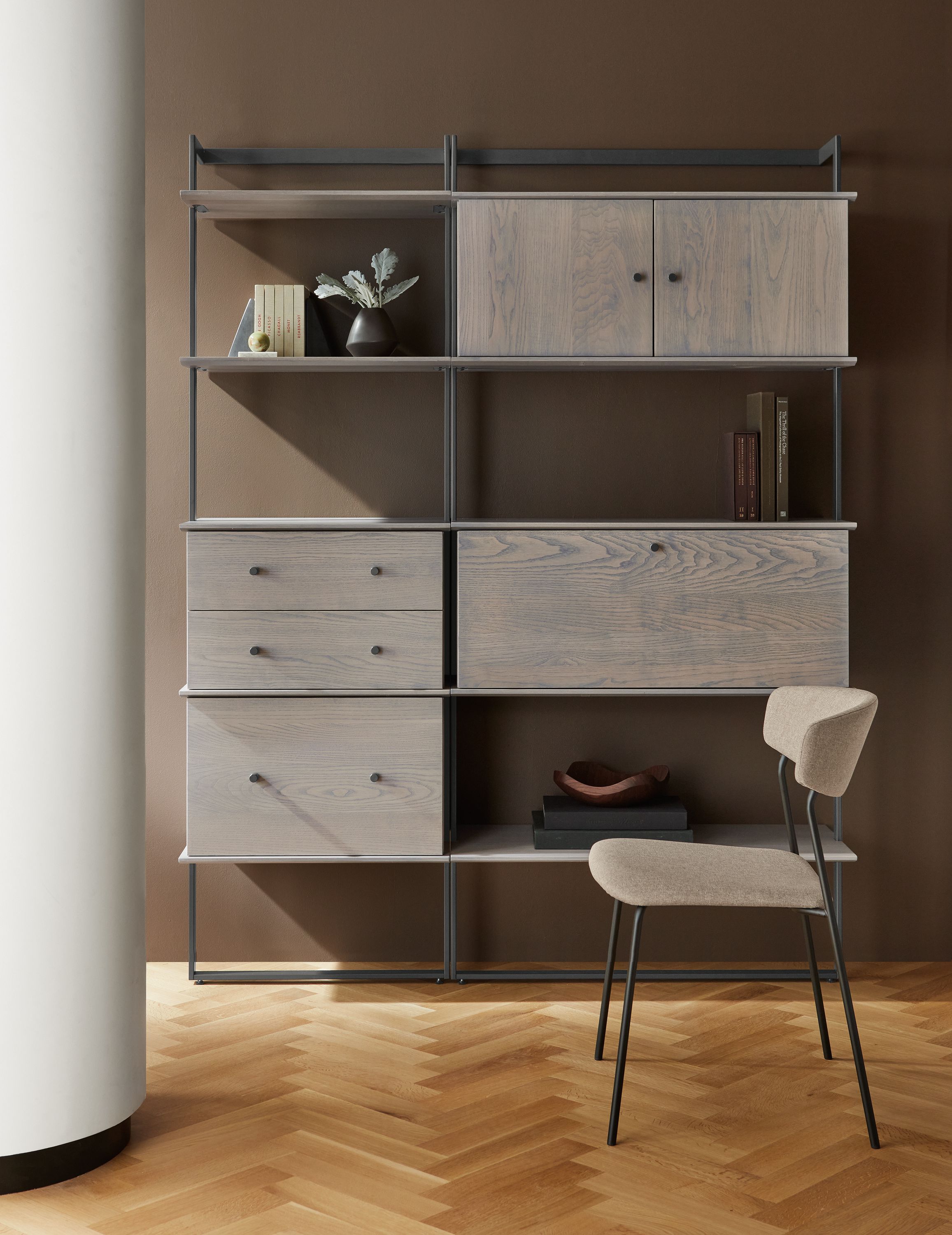 Beam bookcase in graphite with shell on ash inserts and Wolfgang side chair in Medley Oatmeal.