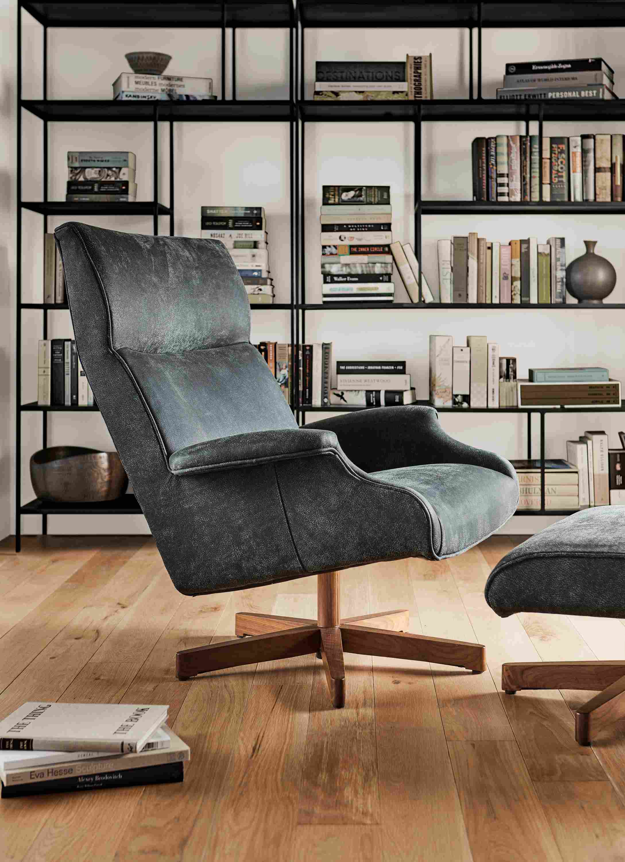 Detail of Beau swivel chair in leather.
