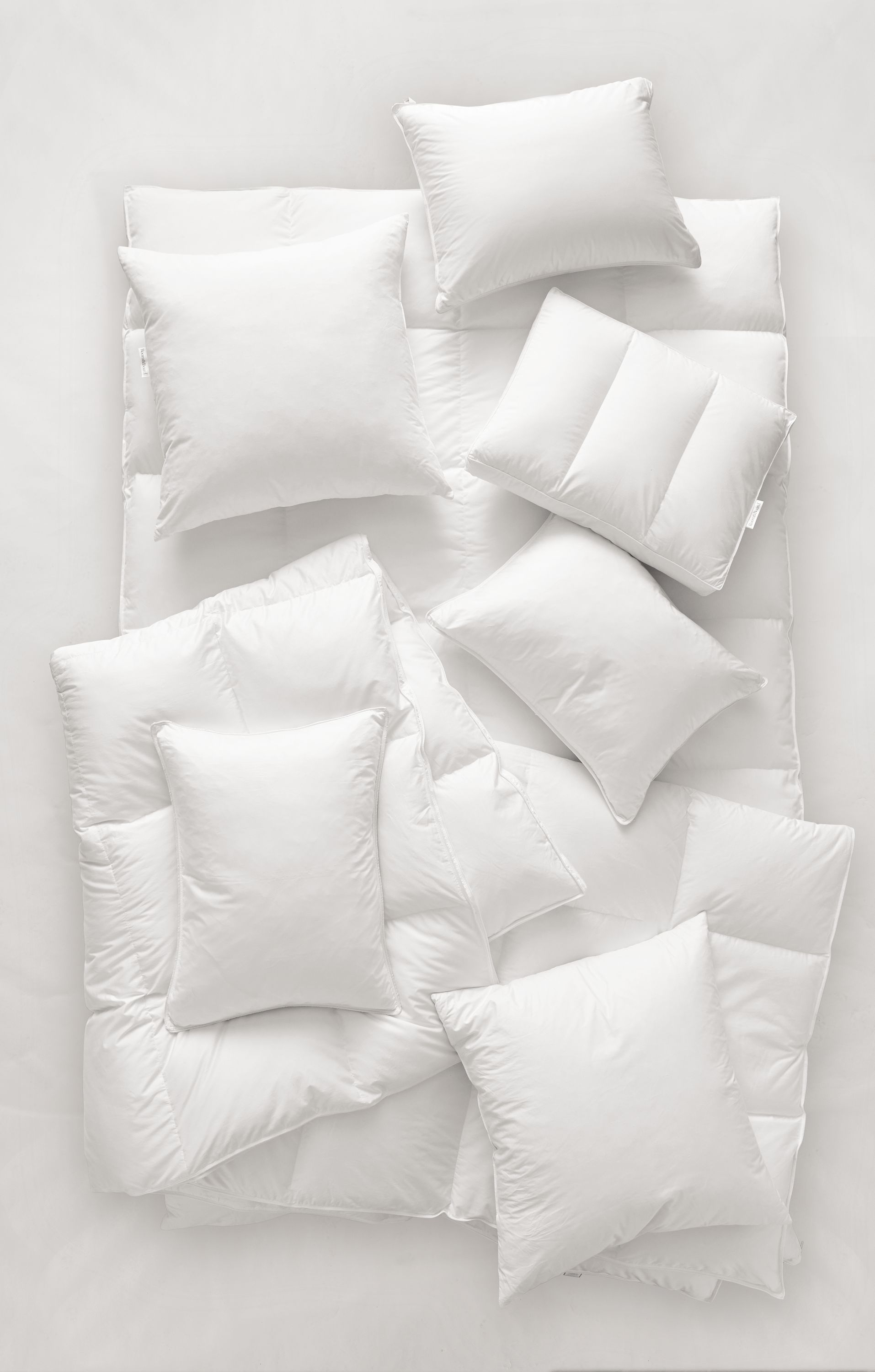 Standard pillow protectors, firm down standard pillows, feather/down euro pillow fillers, ultra-warm king down duvet, 50/50 queen feather bed